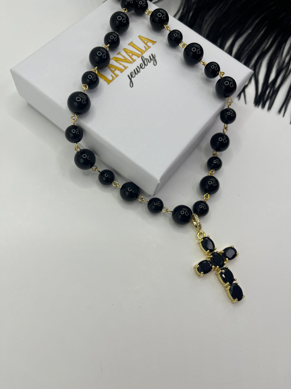 Black Onyx Necklace– 18K Gold Plated Zirconia Cross