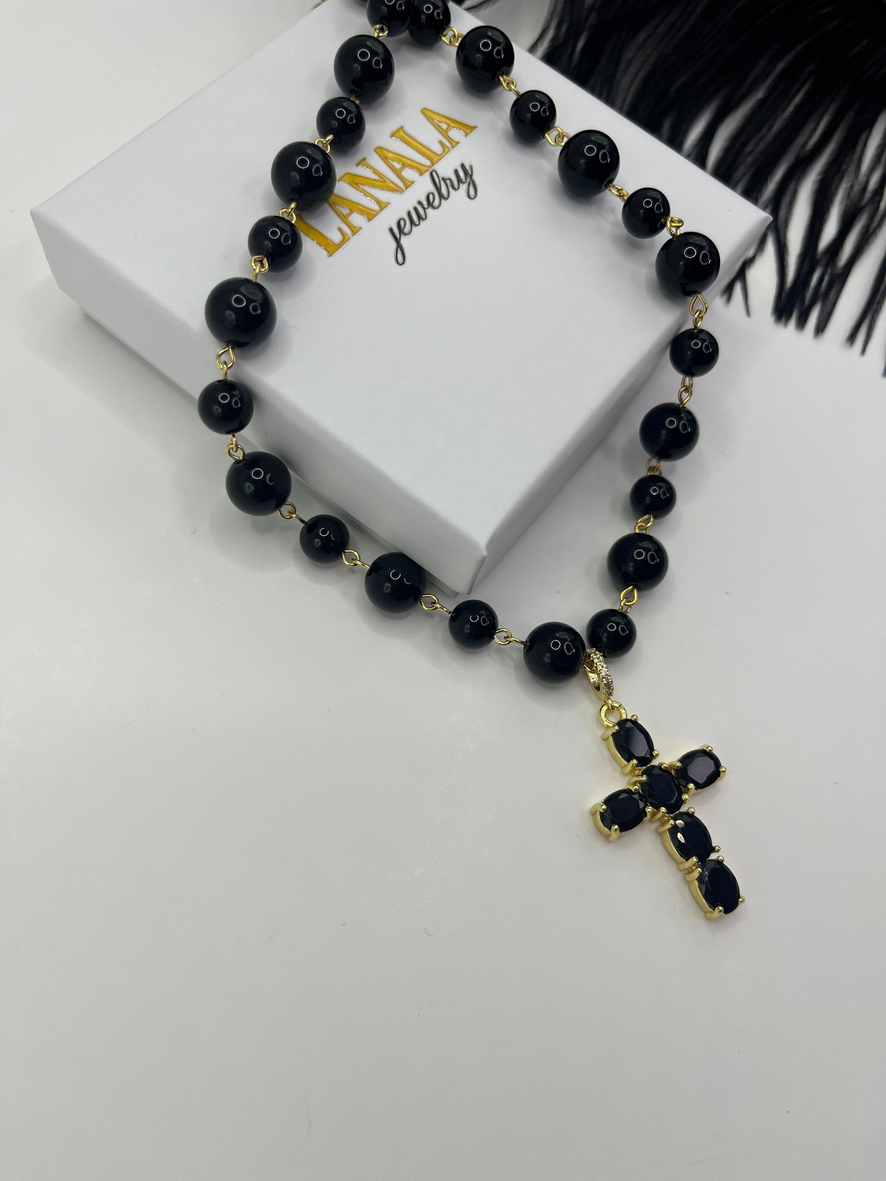 Black Onyx Necklace– 18K Gold Plated Zirconia Cross