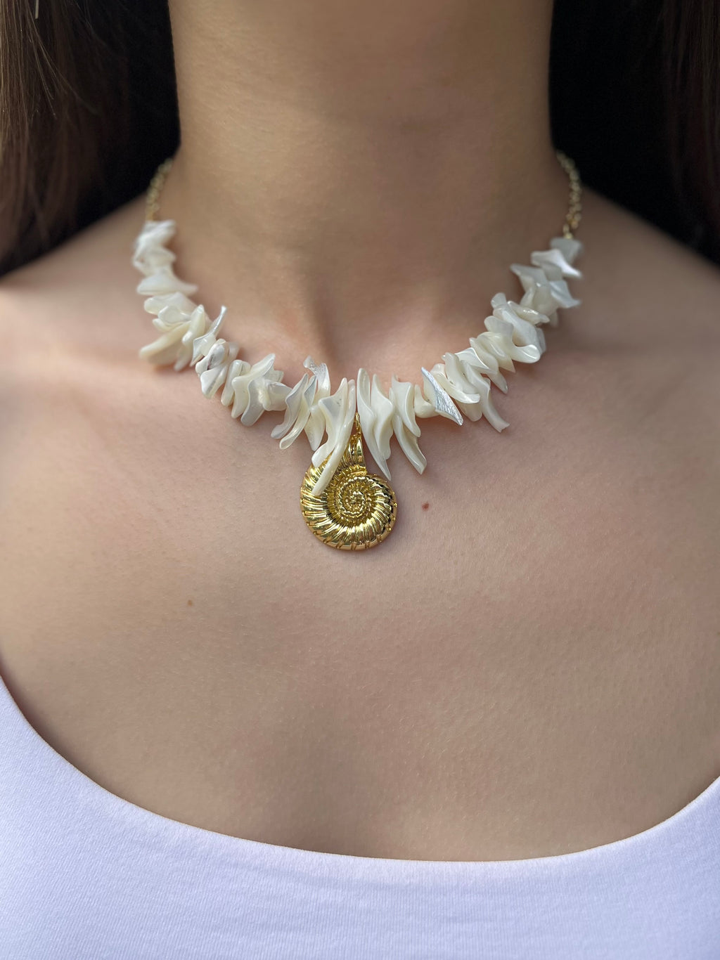 Natural Trochid Shell Necklace with Conch Charm, 18K Gold Plated