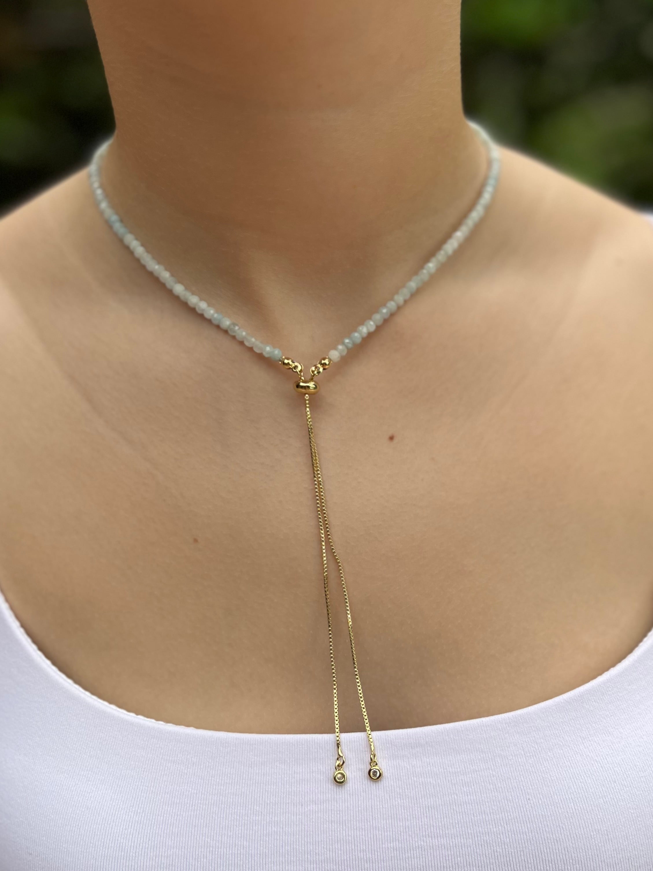 Aquamarine Slider Y-Necklace, 18k gold plated
