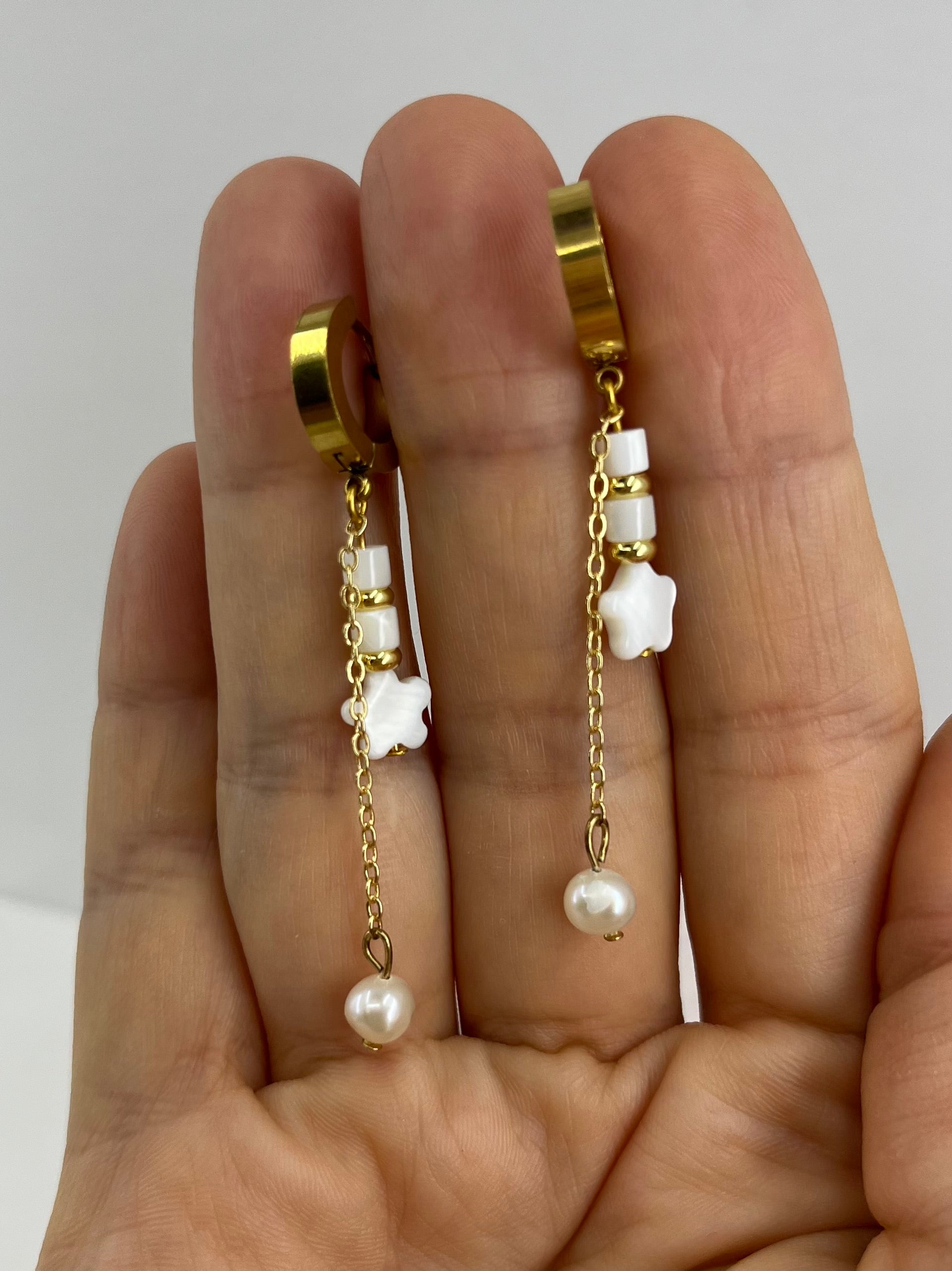 Long Natural Pearl and Shell Drop Earrings