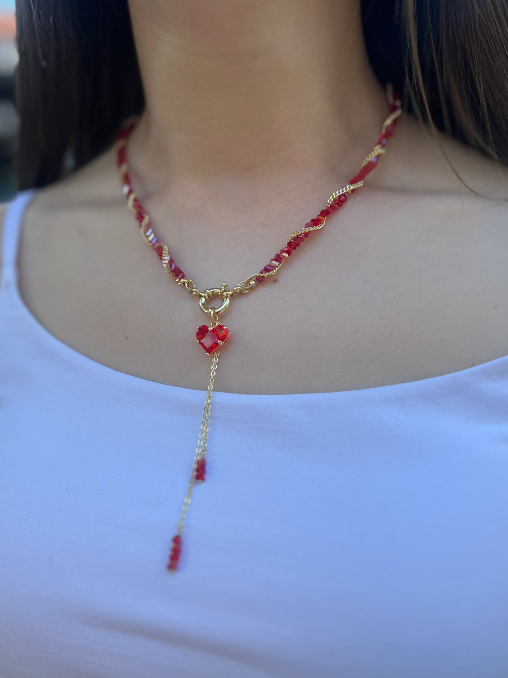 Set: Heart Red Crystal Y-Necklace and Earrings – 18K Gold Plated, Cubic Zirconia