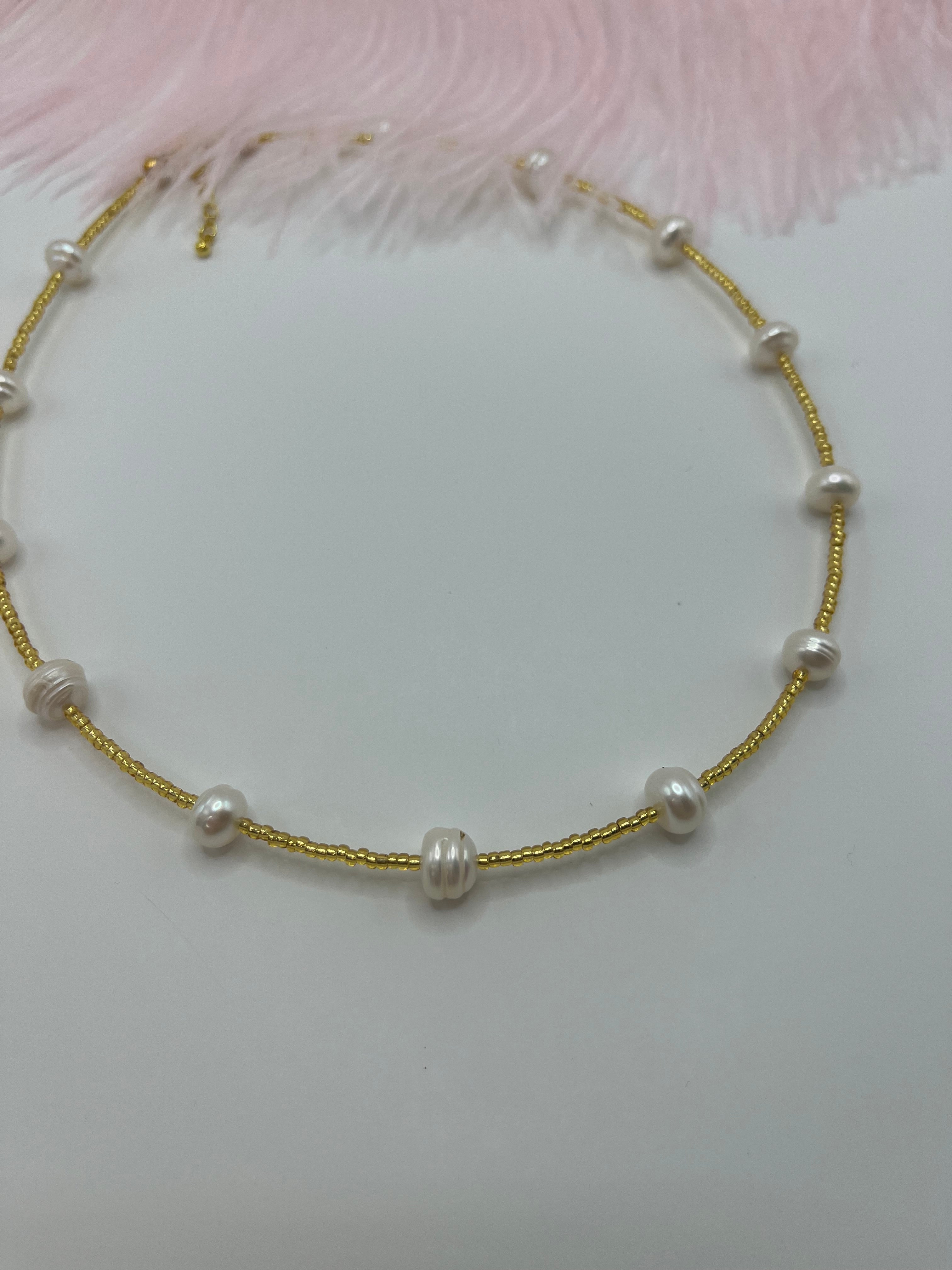 Freshwater Pearl & Miyuki Glass Bead Necklace – 18K Gold Plated Clasp