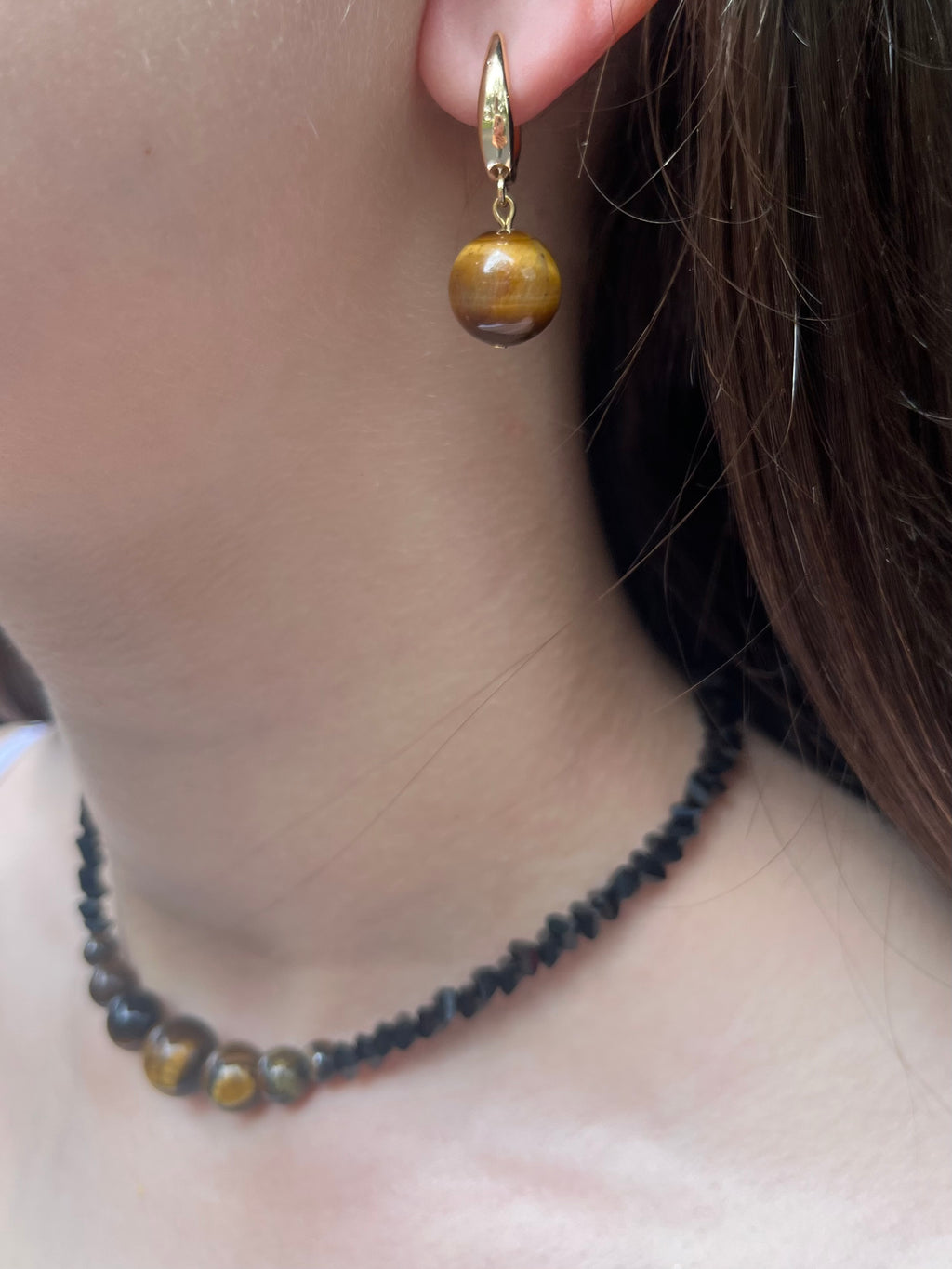 Set: Black Crystal Choker Necklace with Tiger Eye and earrings