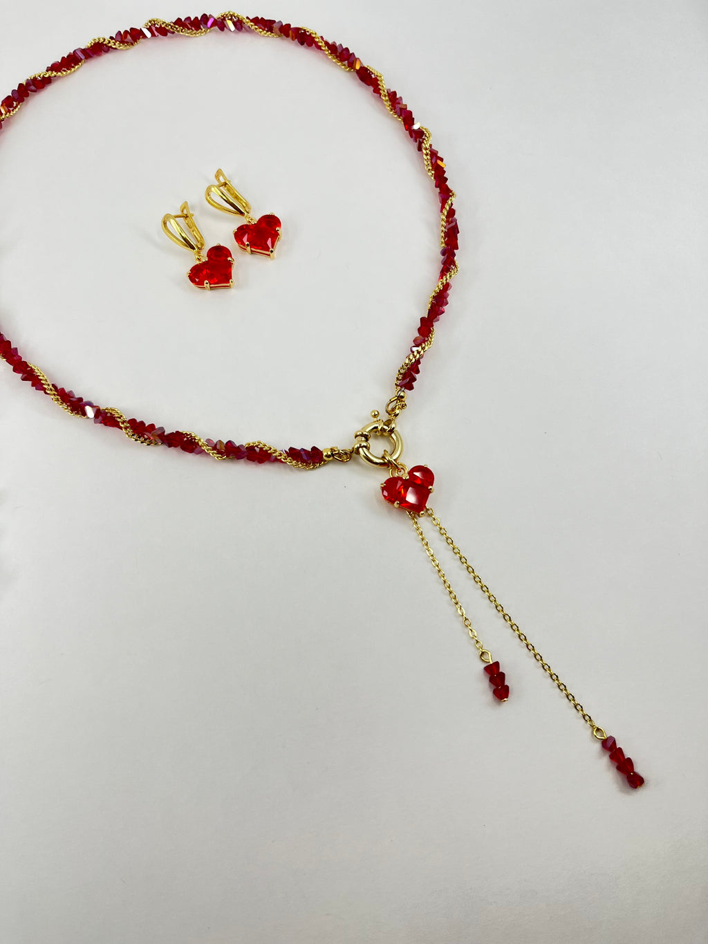 Set: Heart Red Crystal Y-Necklace and Earrings – 18K Gold Plated, Cubic Zirconia