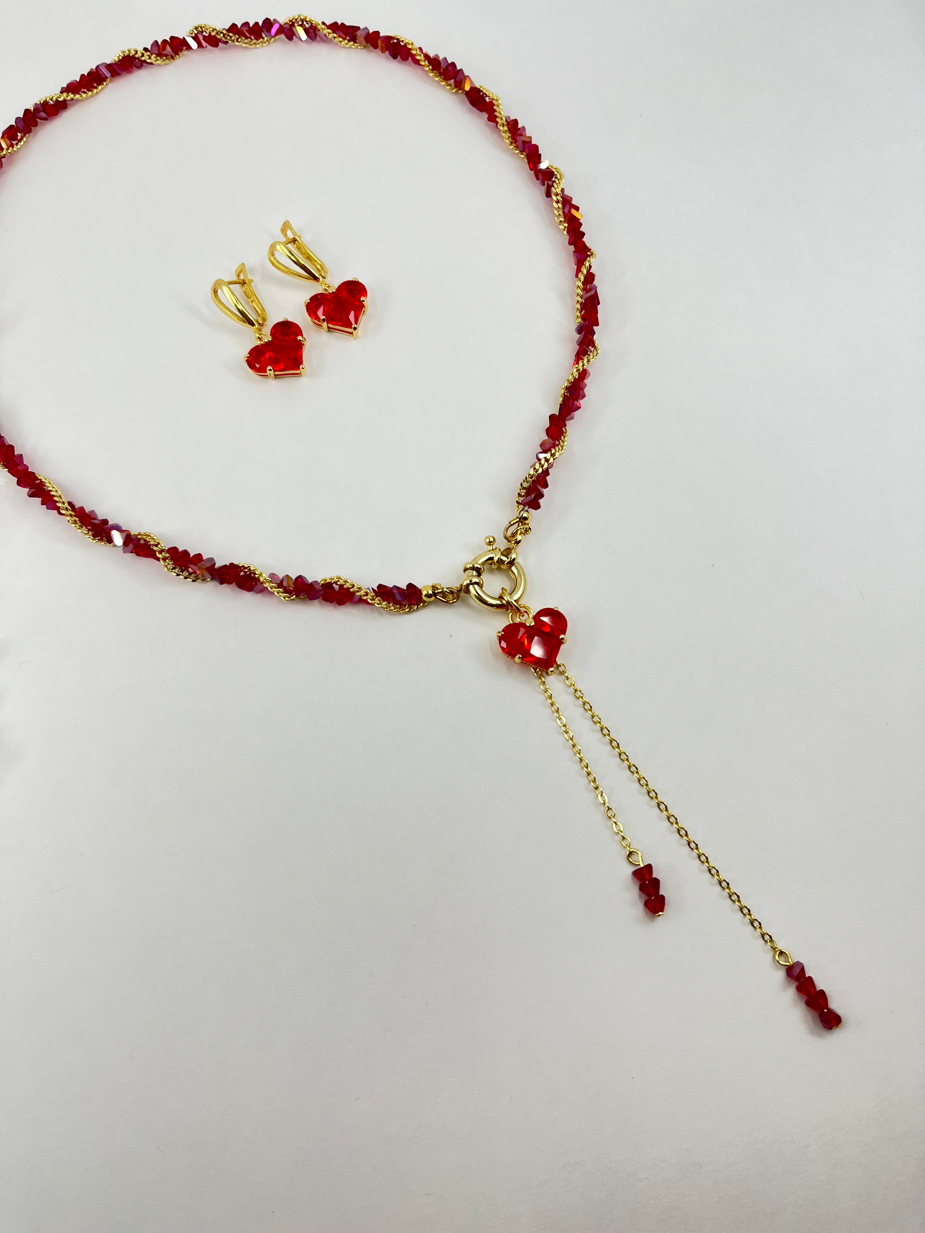 Set: Heart Red Crystal Y-Necklace and Earrings – 18K Gold Plated, Cubic Zirconia