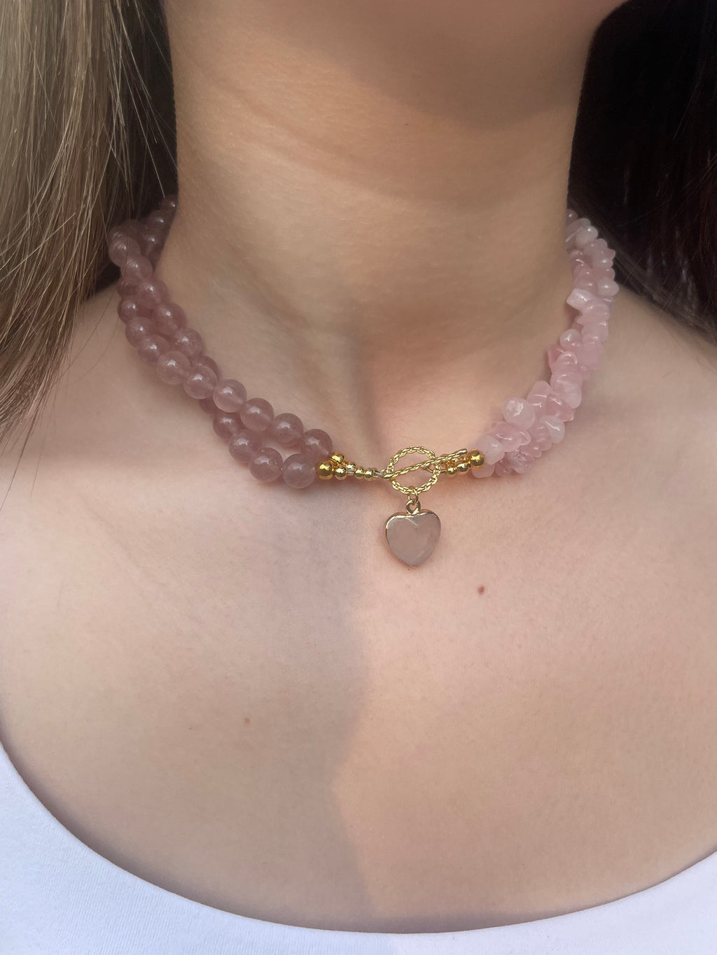 Asymmetrical Layered Strawberry Quartz Necklace with heart pendant: 18K Gold Plated Pendant