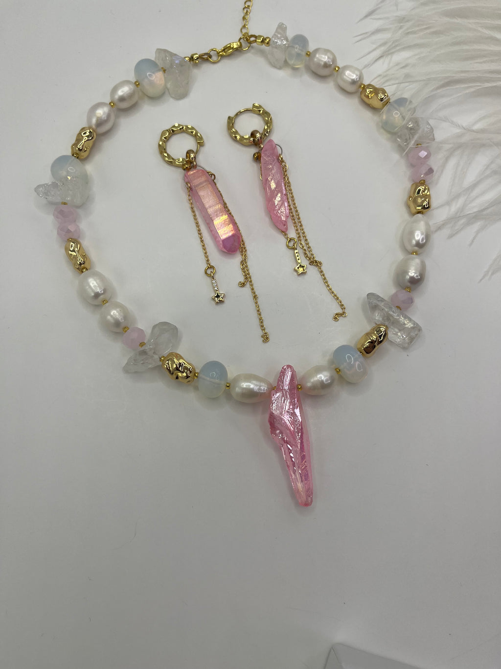 Set: Rose Quartz and Pearls Necklace and Earrings