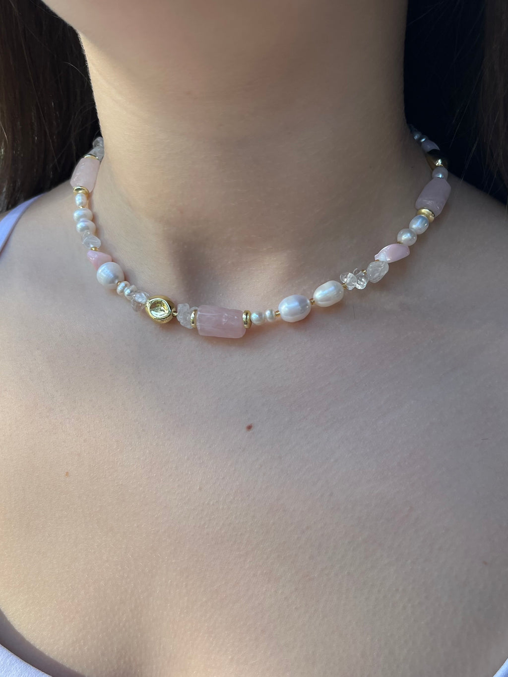 Set: Pearl and Rose Quartz Necklace and Earrings