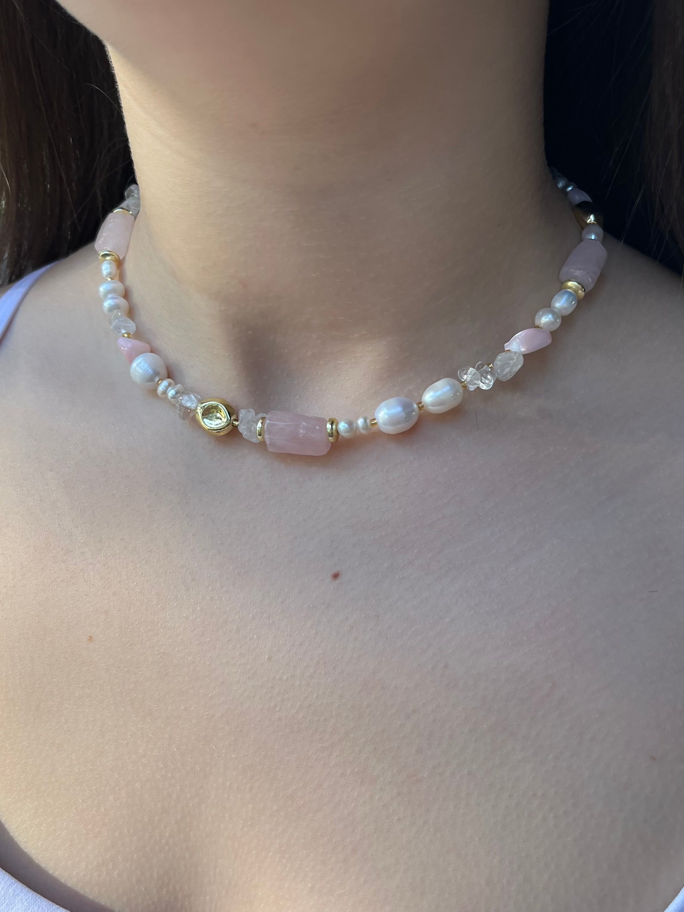 Set: Pearl and Rose Quartz Necklace and Earrings