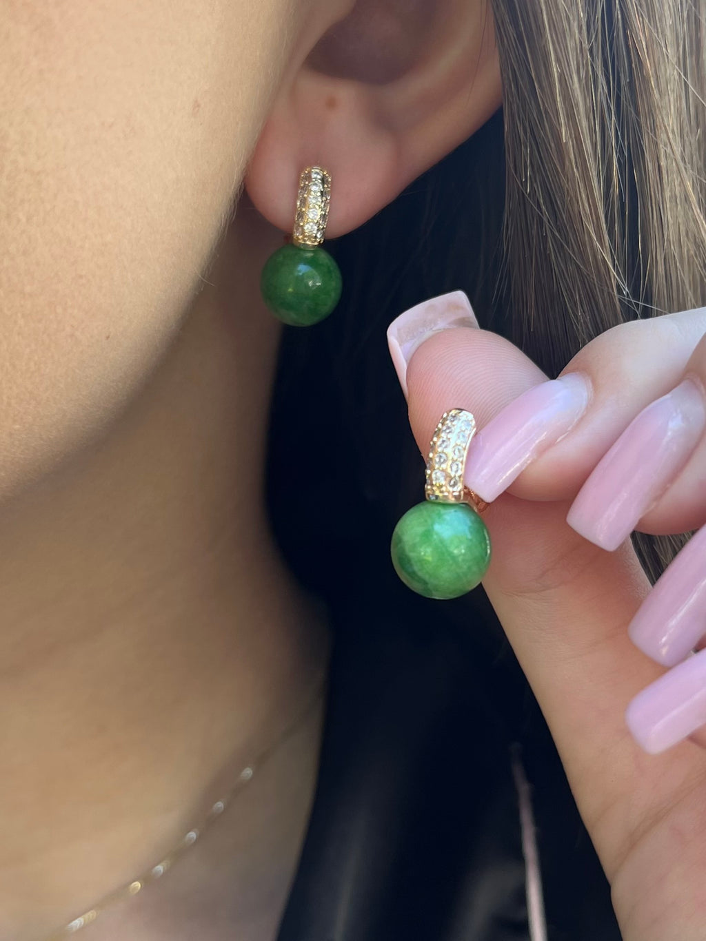 Natural Green Jade Gold Zirconia Earrings
