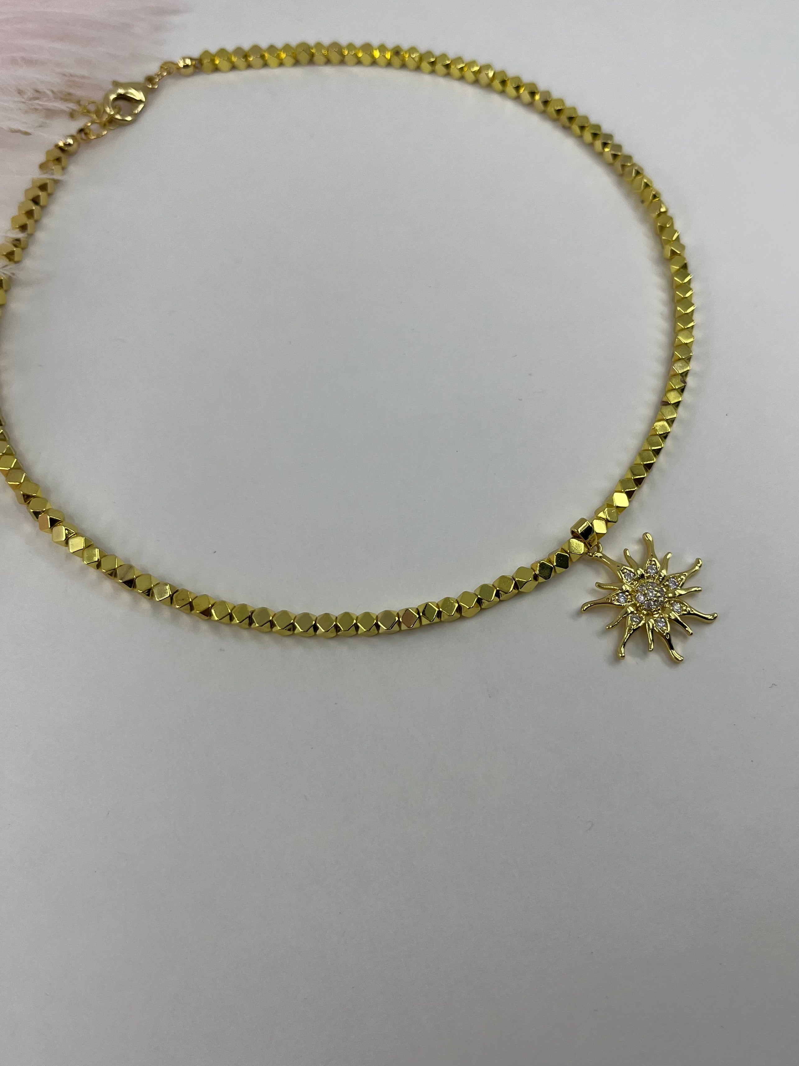 Gold Hematite Sun Necklace, 18K Gold Plated pendant