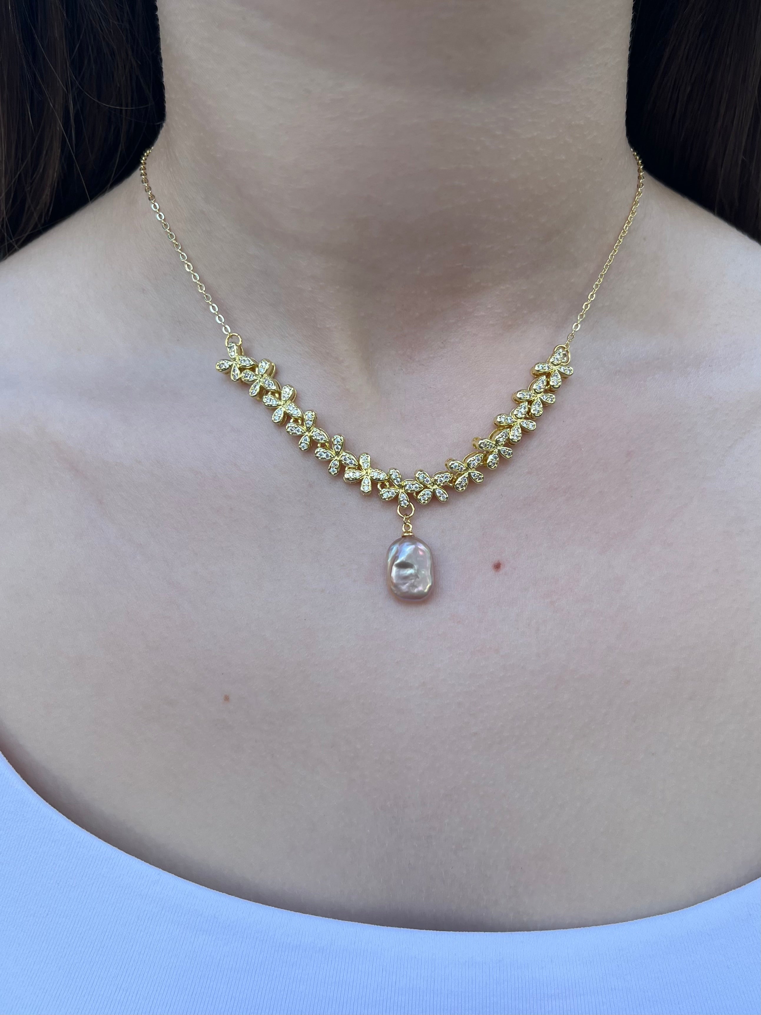 Baroque Pearl and zirconia Y-Necklace, 18k gold plated