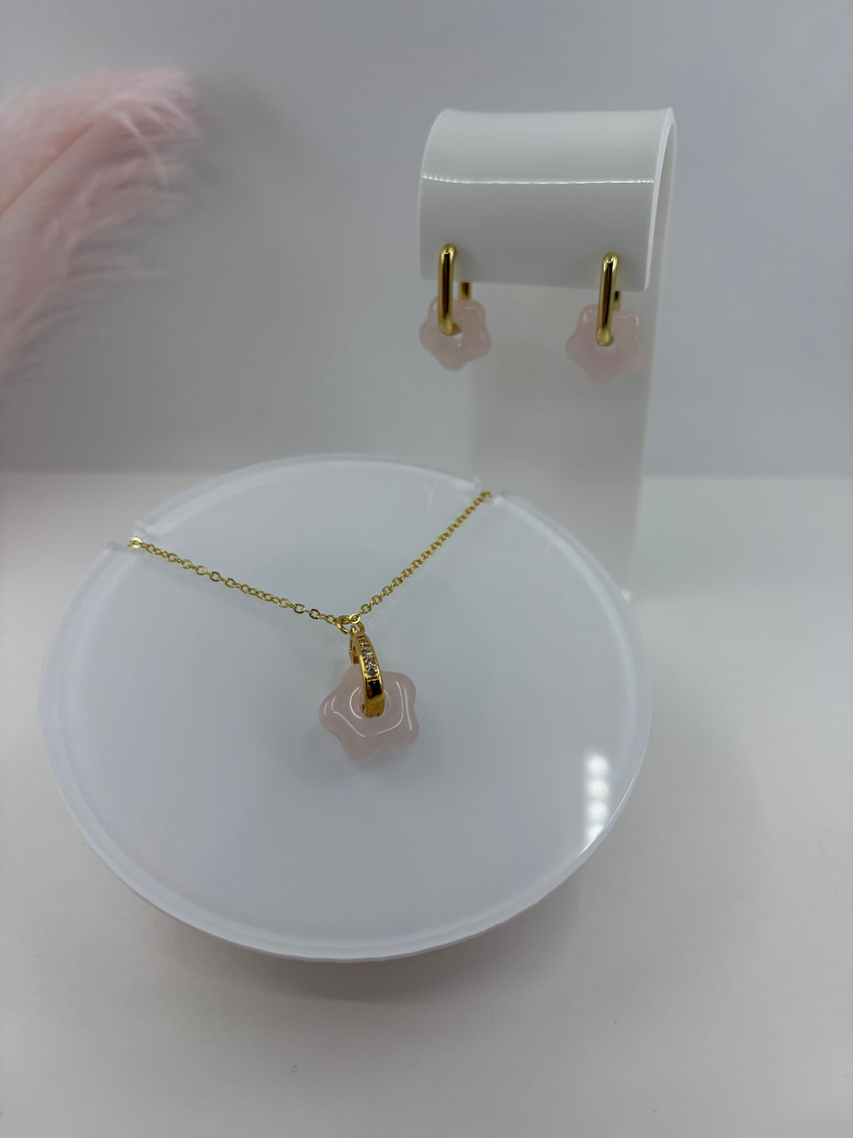 Rose Quartz flower Earrings and necklace,18K Gold Plated