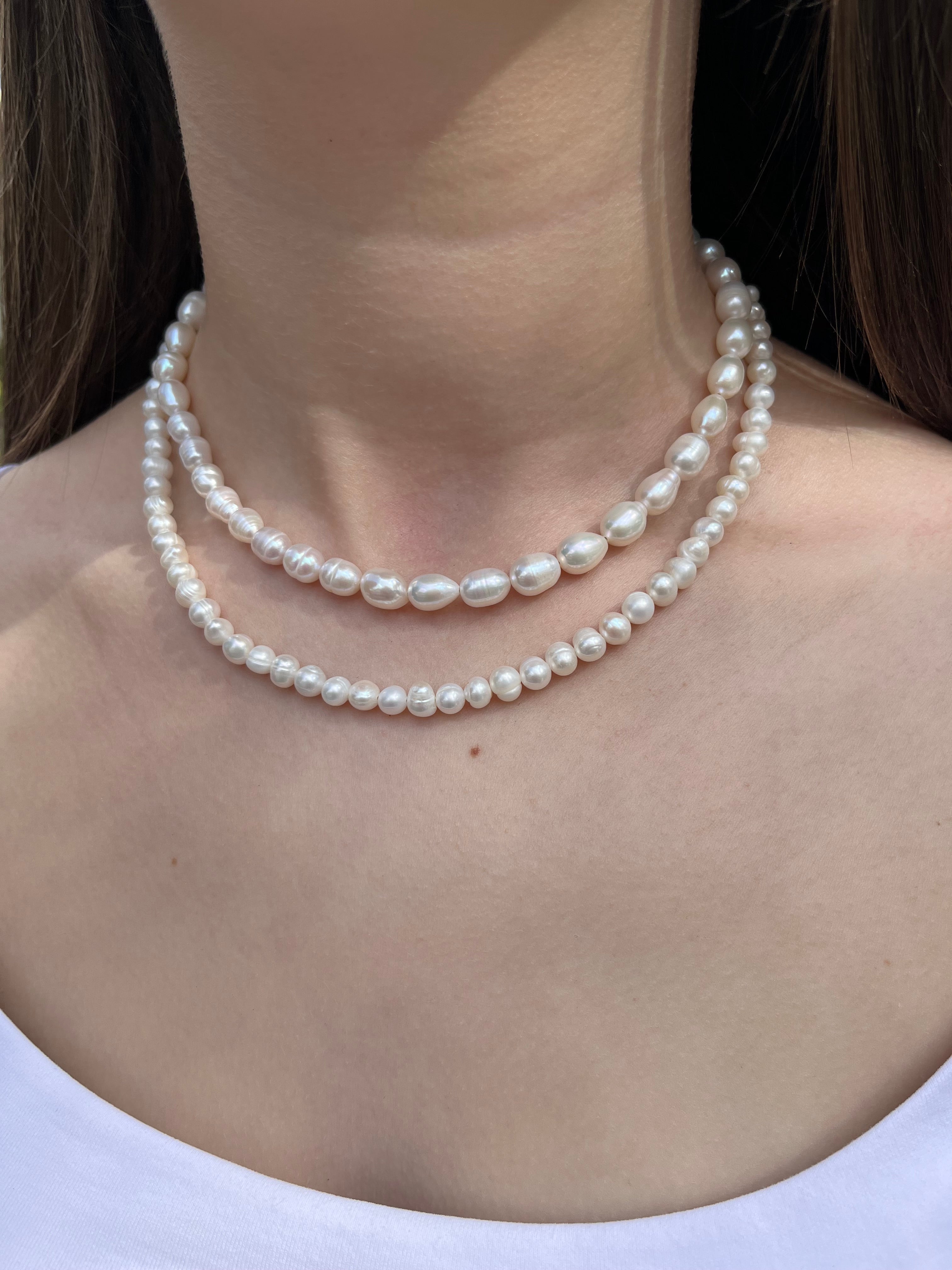Layered Natural Pearl Necklace with 925 Sterling Silver Bowknot Clasp, Gift Box