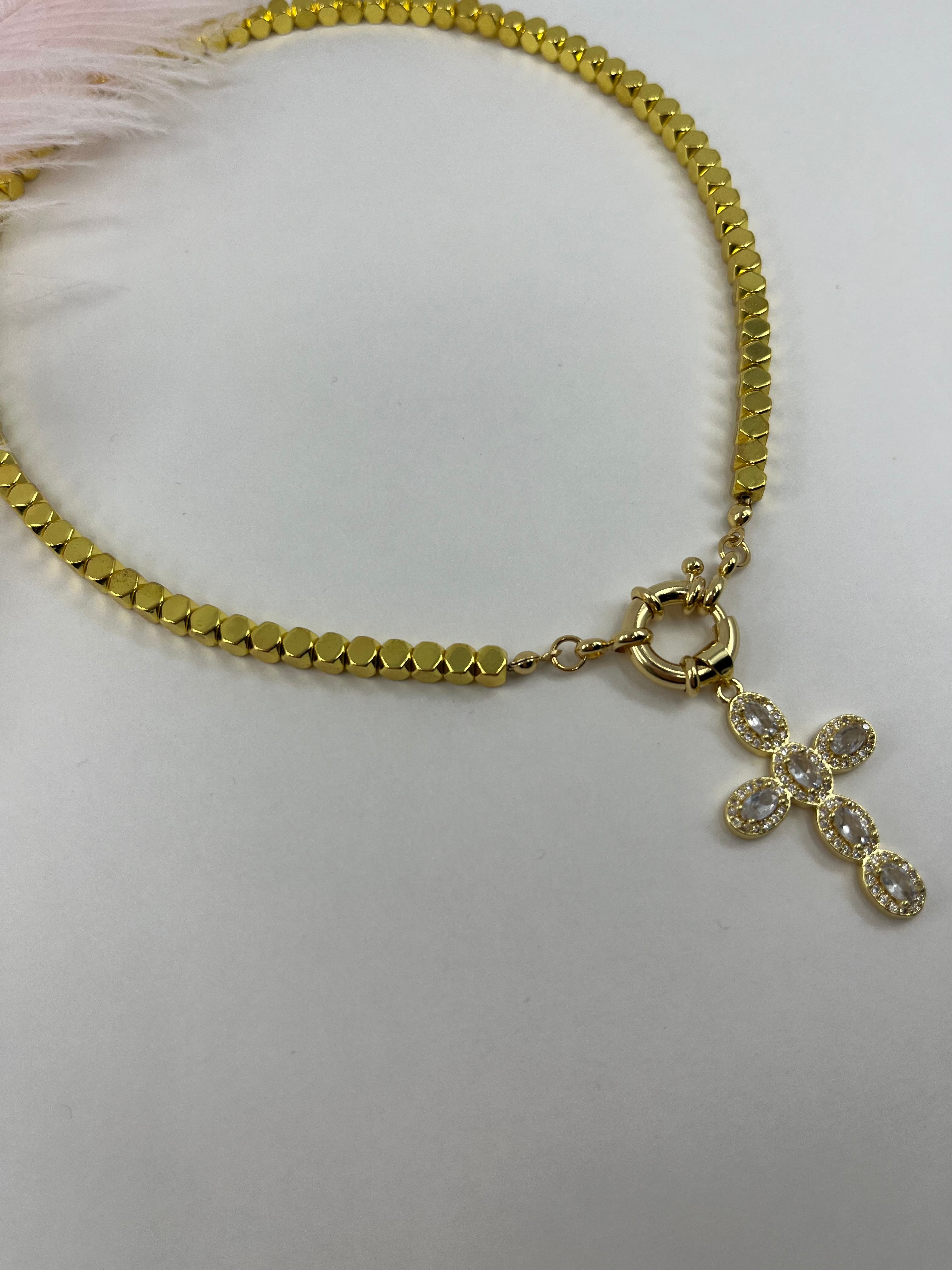 Gold Hematite Cross Necklace, 18K Gold Plated pendant