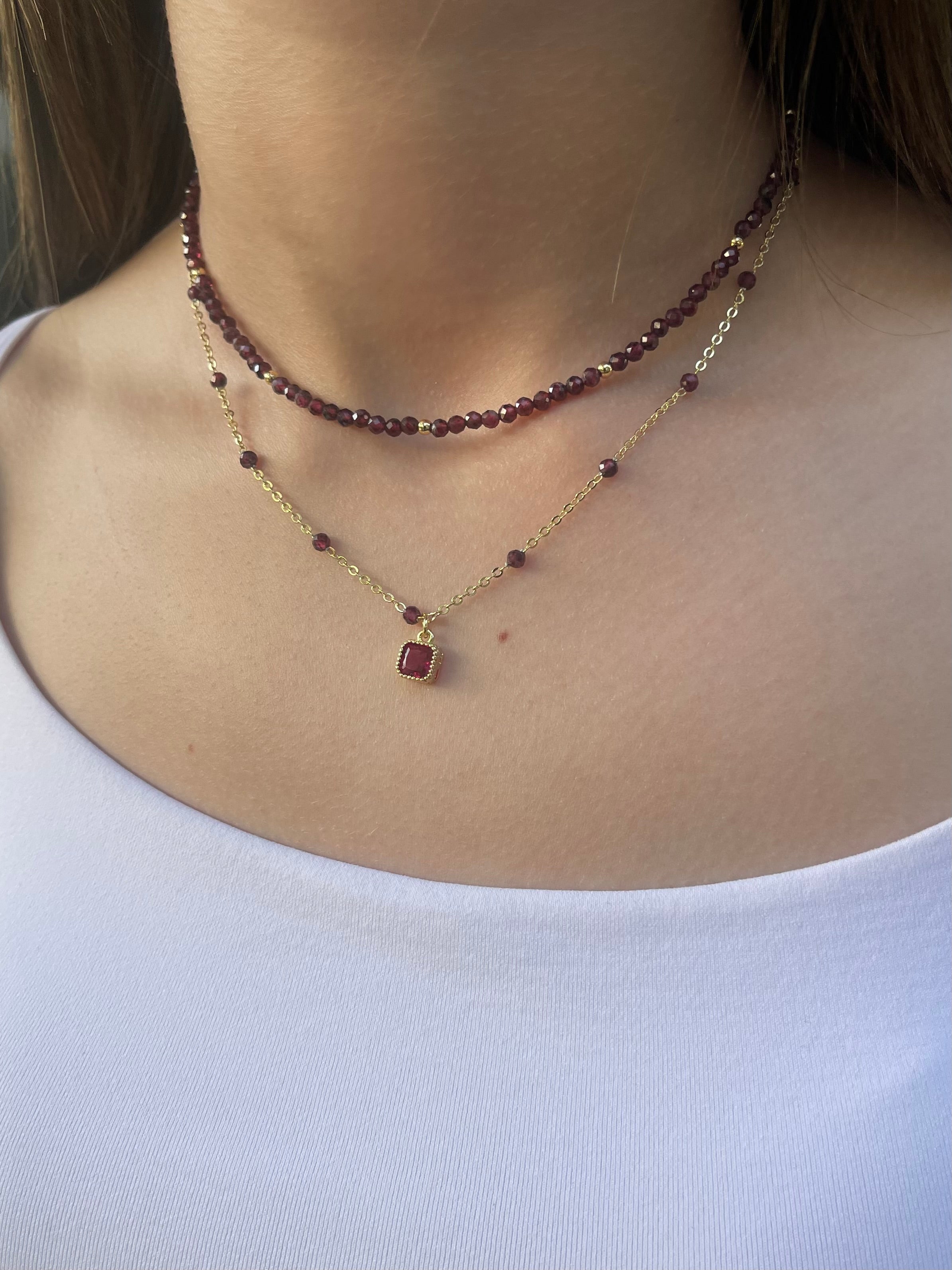 Layered Garnet necklace , 18K gold clasp
