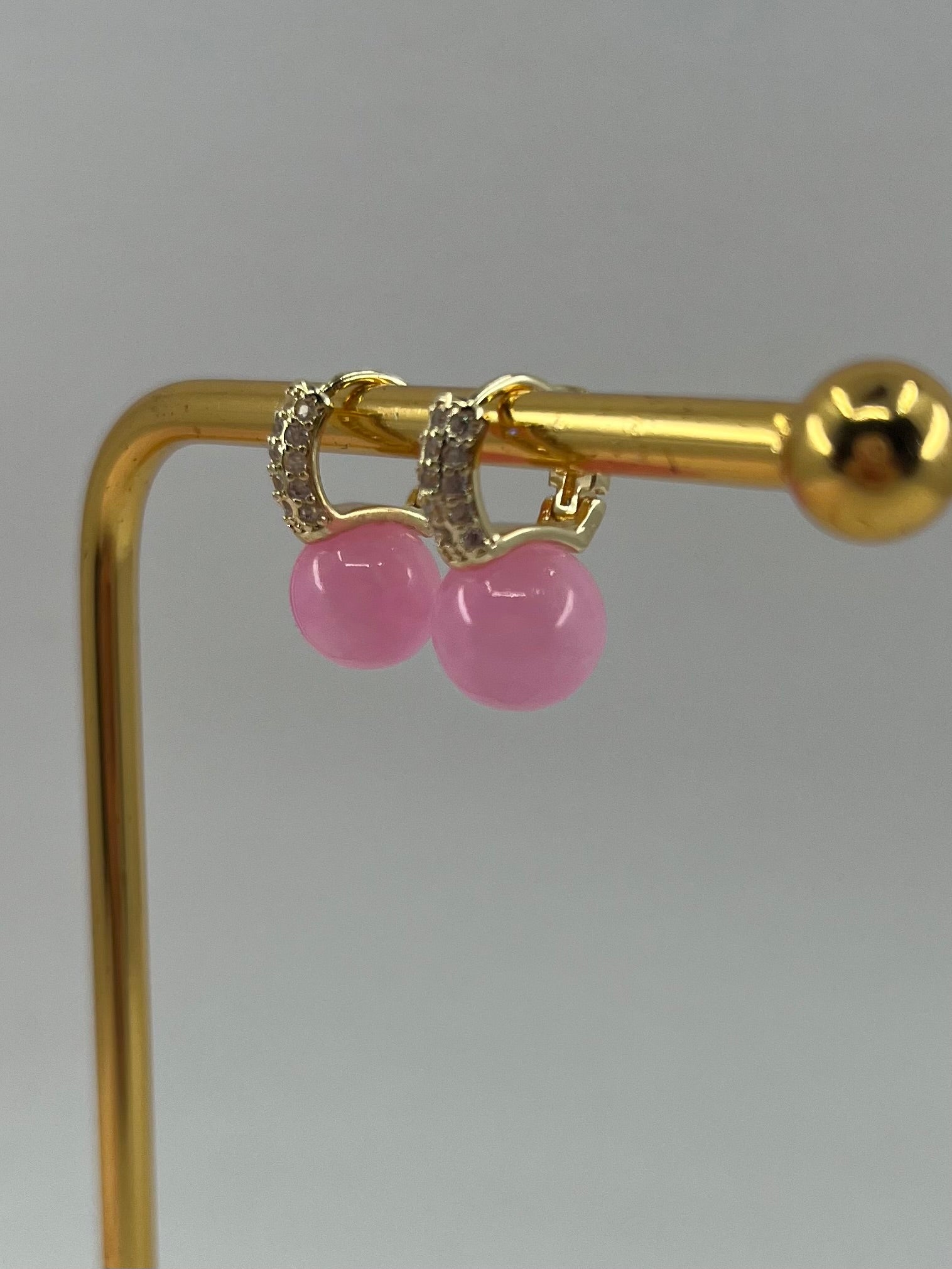 Natural pink Jade Gold Zirconia Earrings