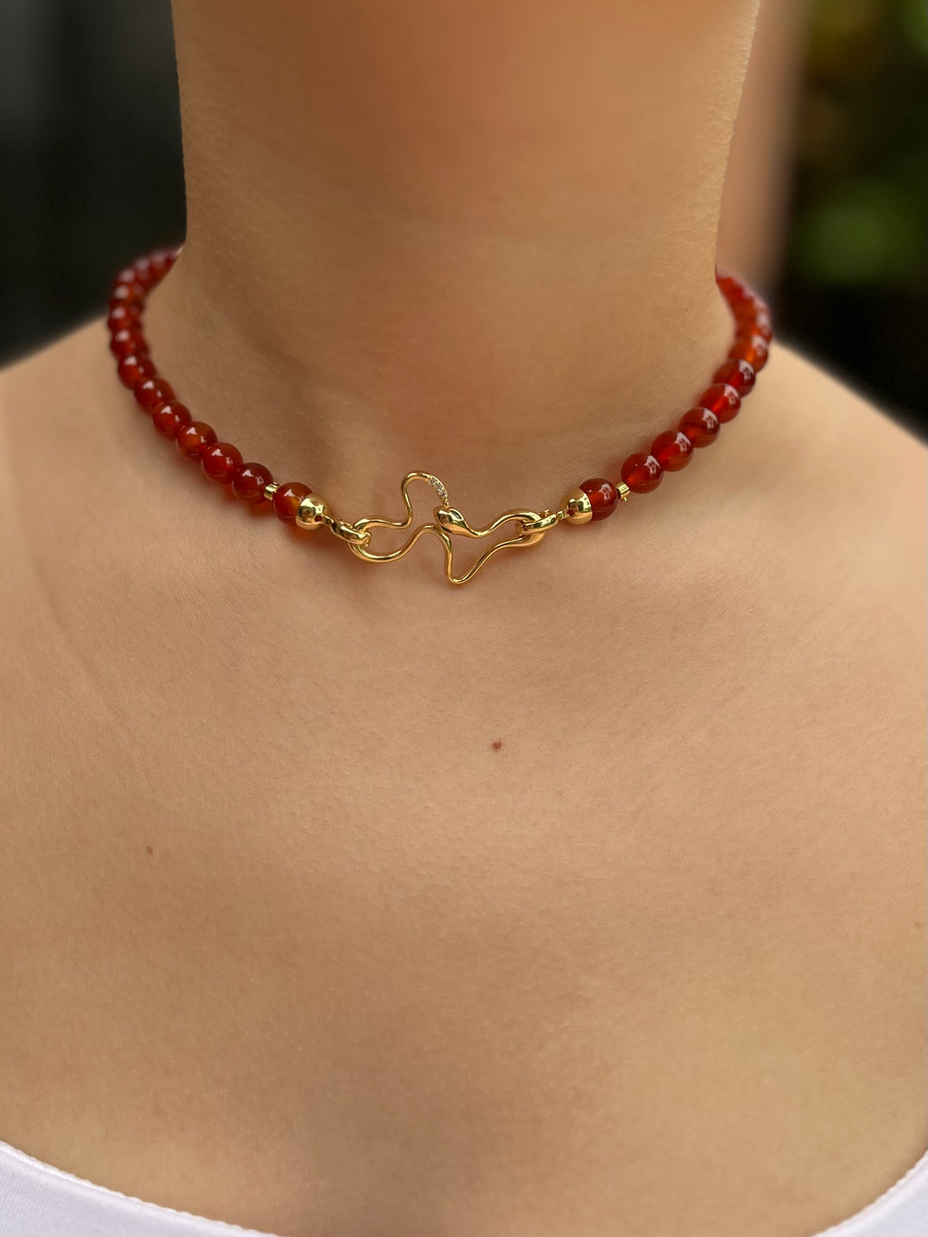 Natural Carnelian Necklace with 18K Gold Snake Clasp