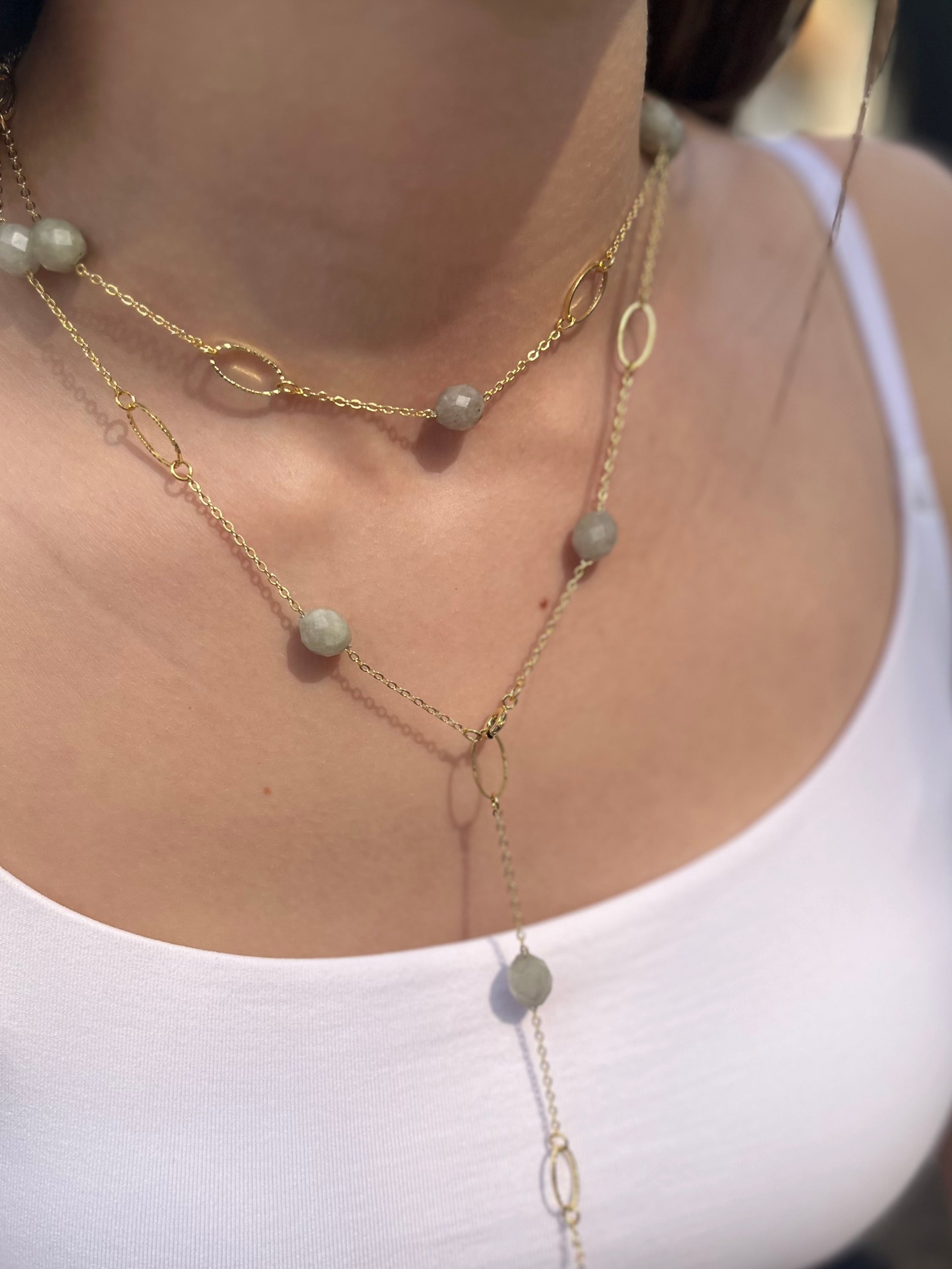 Layered Long Natural Malaysia Jade Necklace with 18K Gold chain
