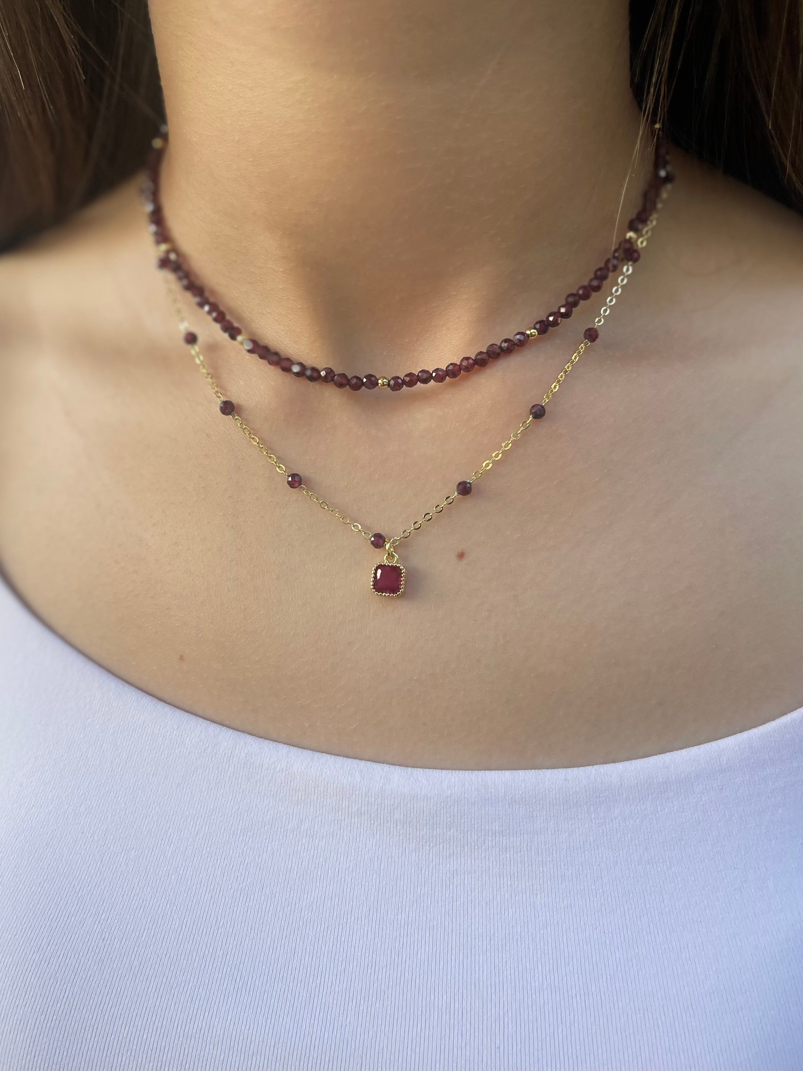 Layered Garnet necklace , 18K gold clasp