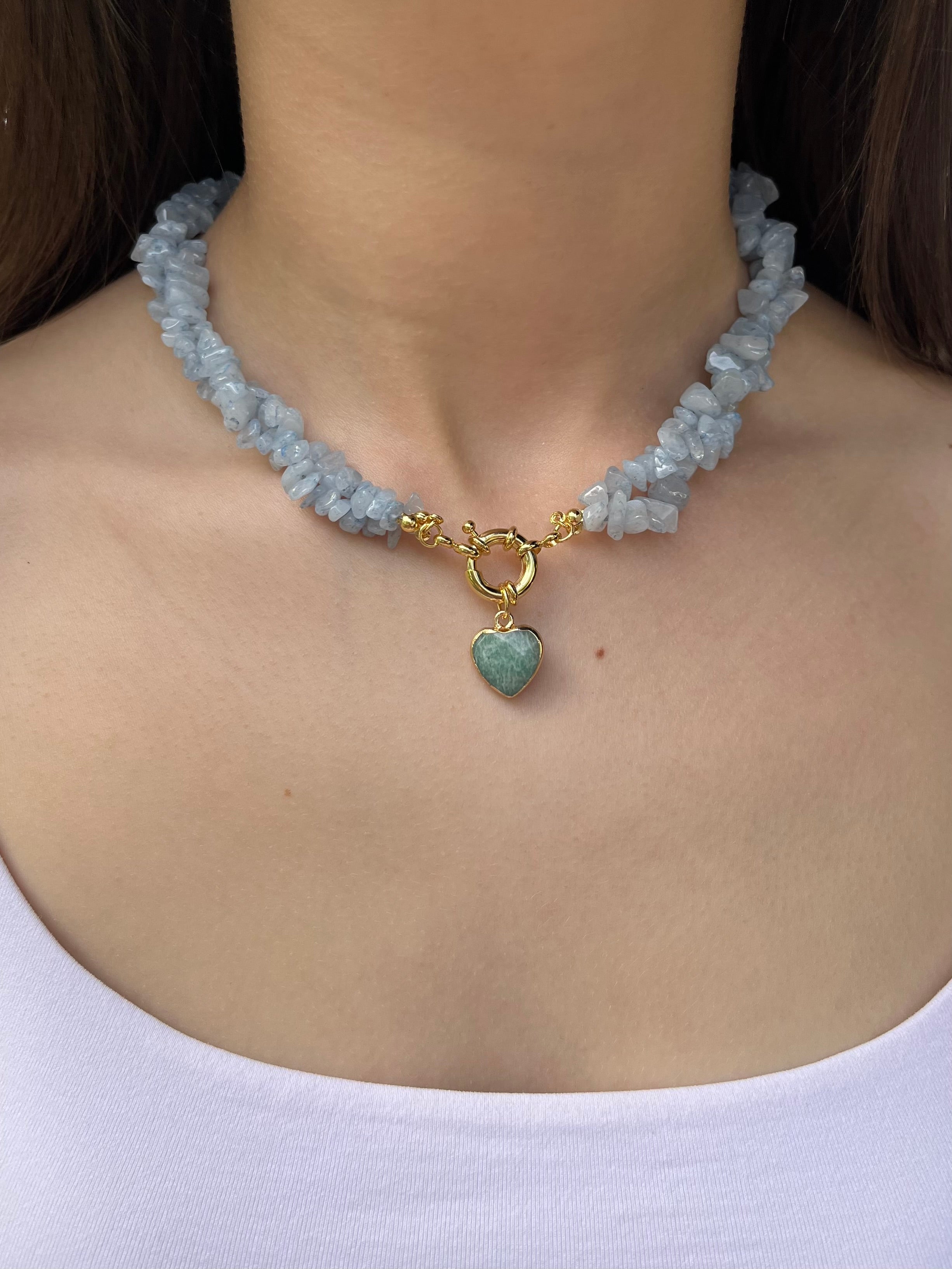 Natural Aquamarine Necklace with Amazonite heart pendant