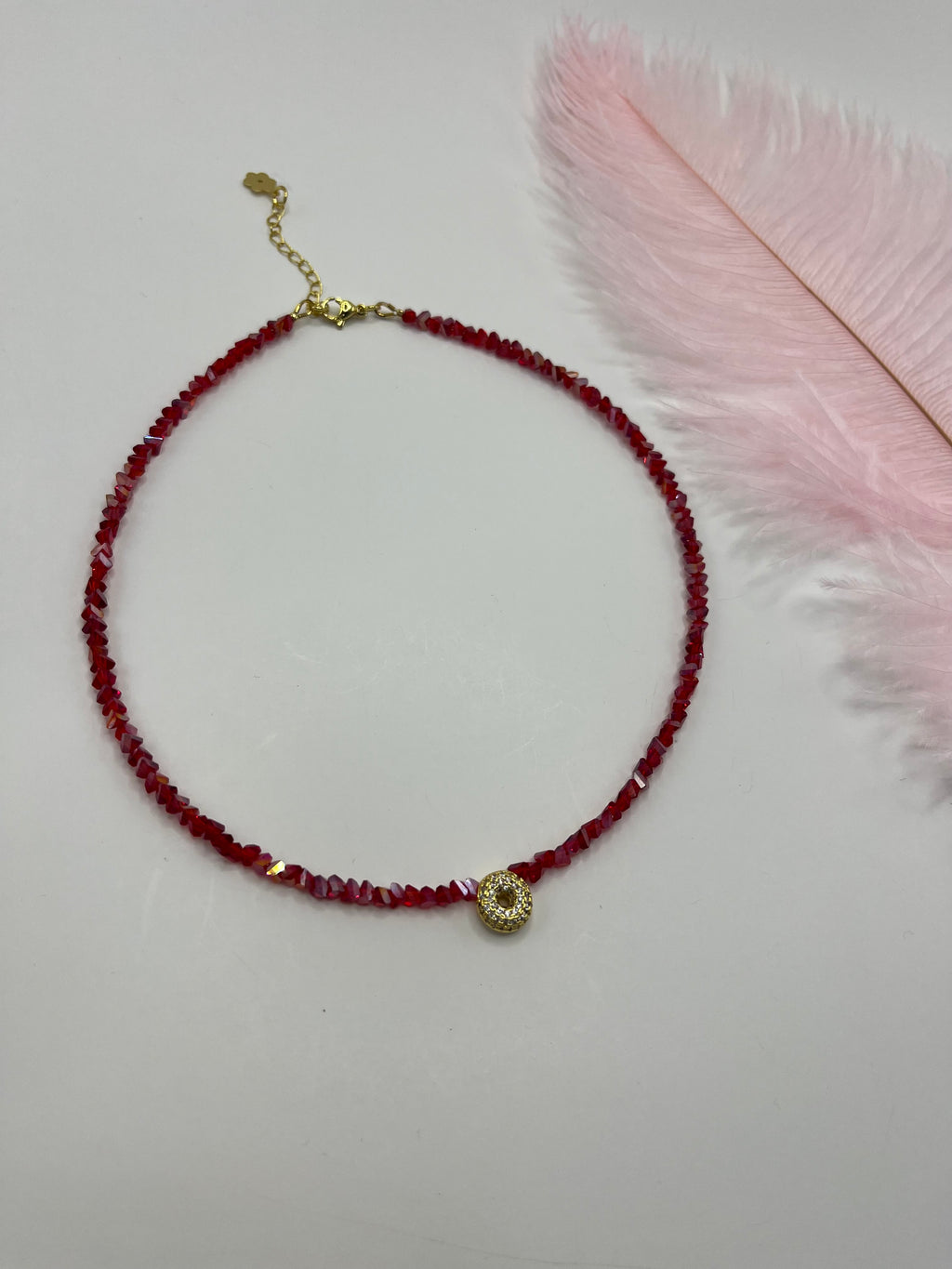 Initial Charm Red Crystal Necklace – 18K Gold Plated, Cubic Zirconia