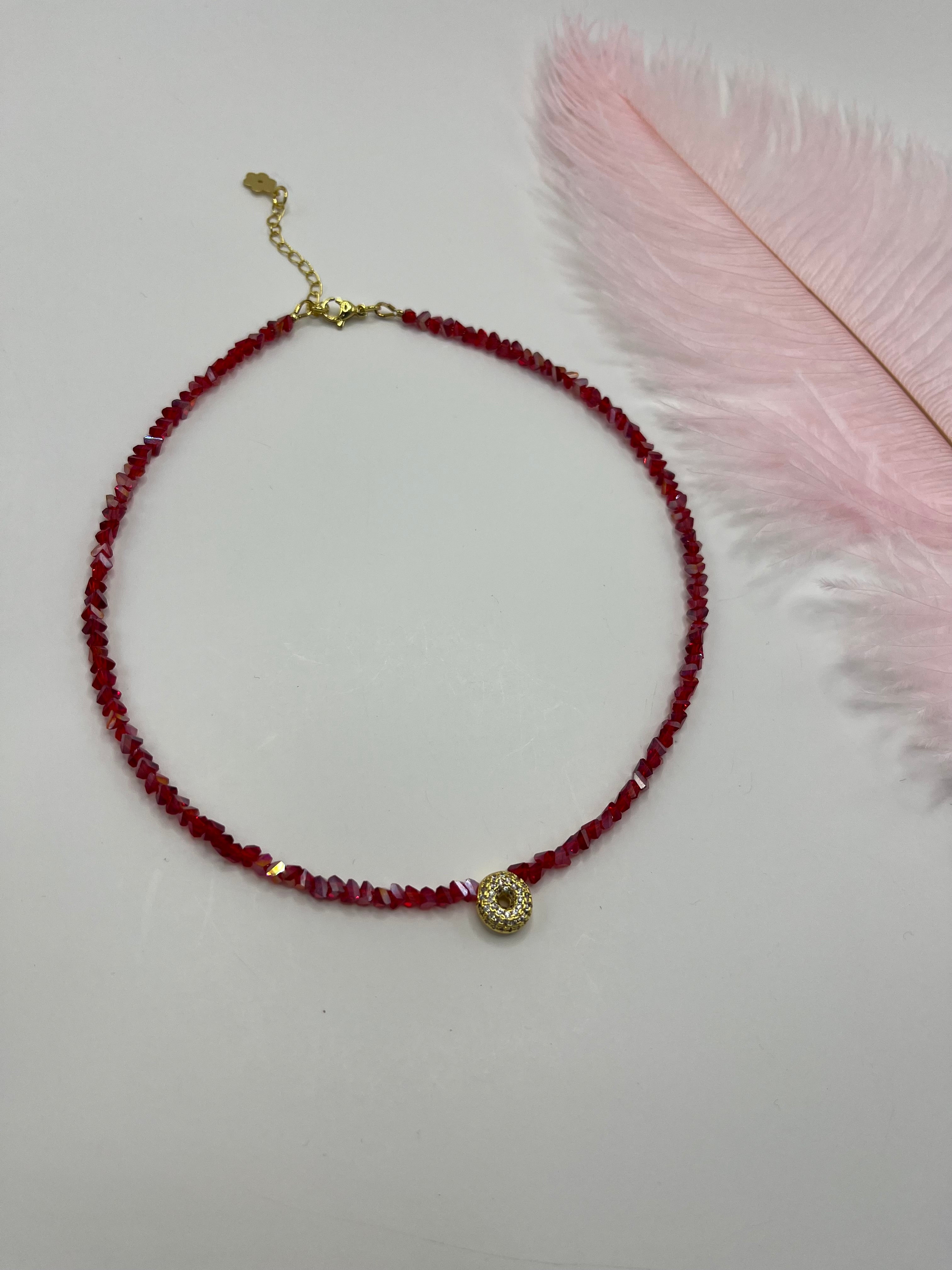 Initial Charm Red Crystal Necklace – 18K Gold Plated, Cubic Zirconia