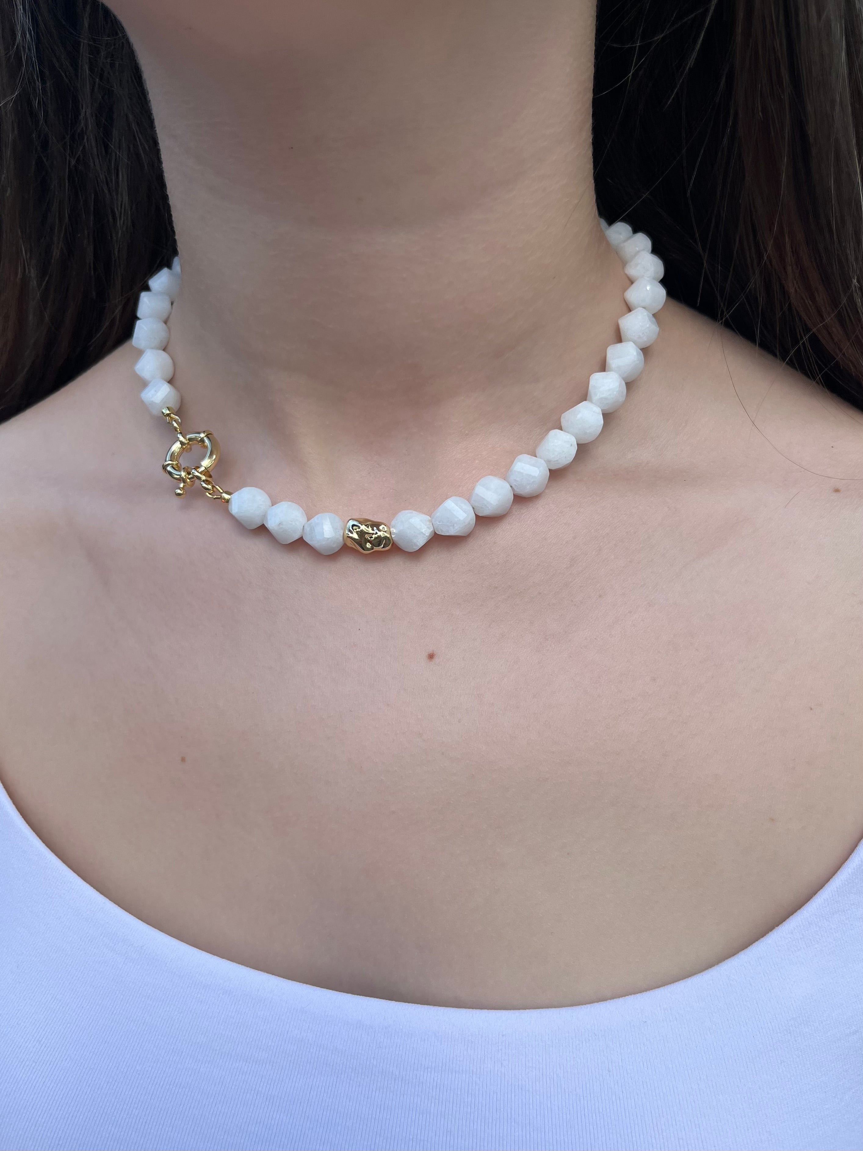 Natural White Jade Necklace with Gold Accent
