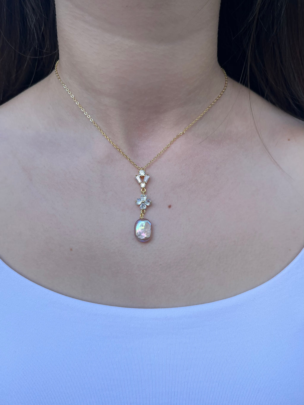 Baroque Pearl and zirconia Y-Necklace, 18k gold plated