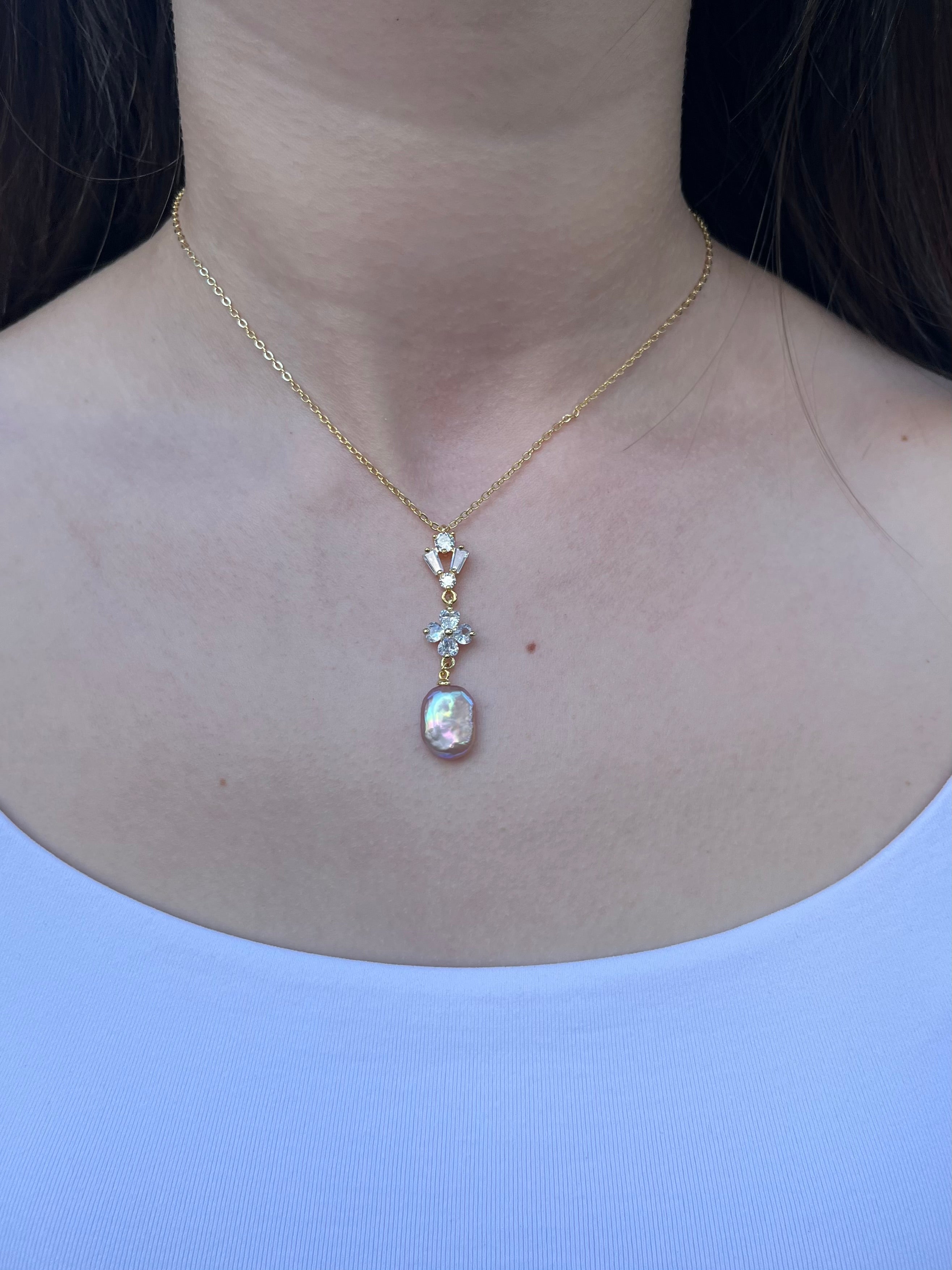 Baroque Pearl and zirconia Y-Necklace, 18k gold plated