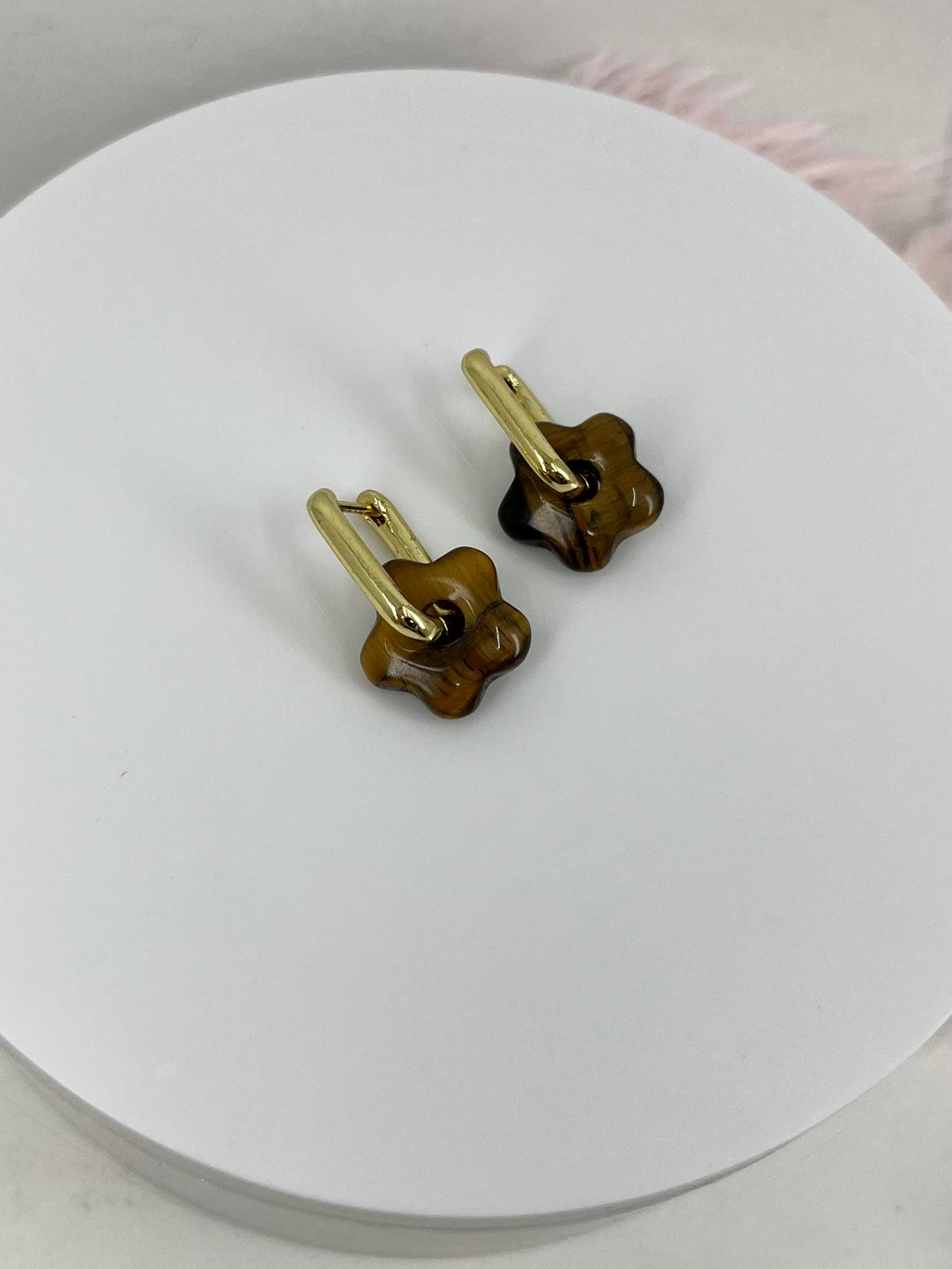 Tiger eye flower Earrings,18K Gold Plated