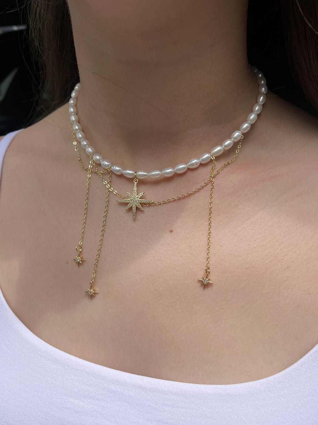 Layered Pearl Star Necklace, 18K Gold Plated