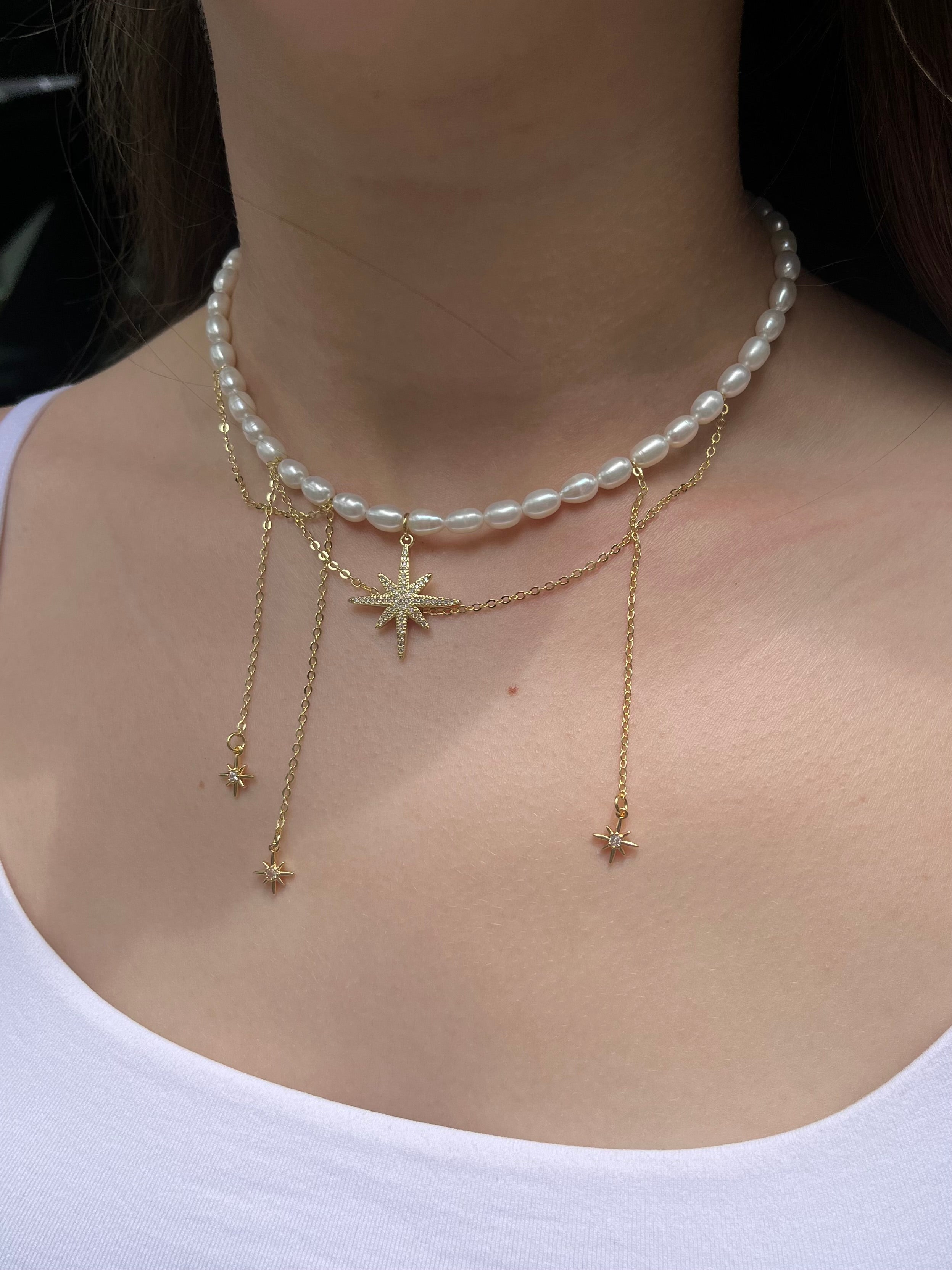 Layered Pearl Star Necklace, 18K Gold Plated