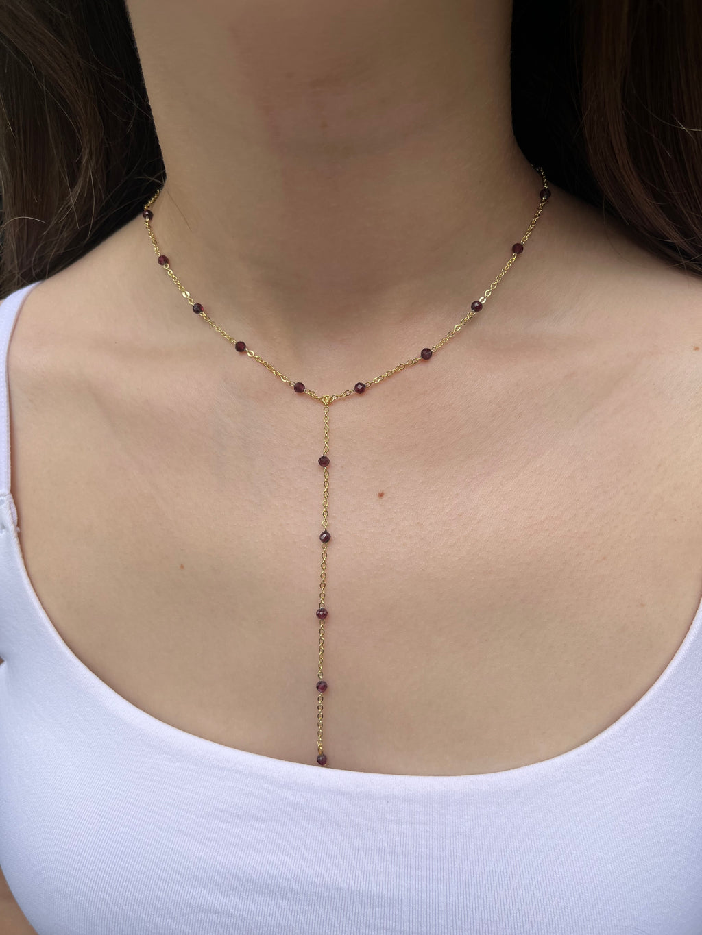 Lariat Garnet necklace , 18K gold plated