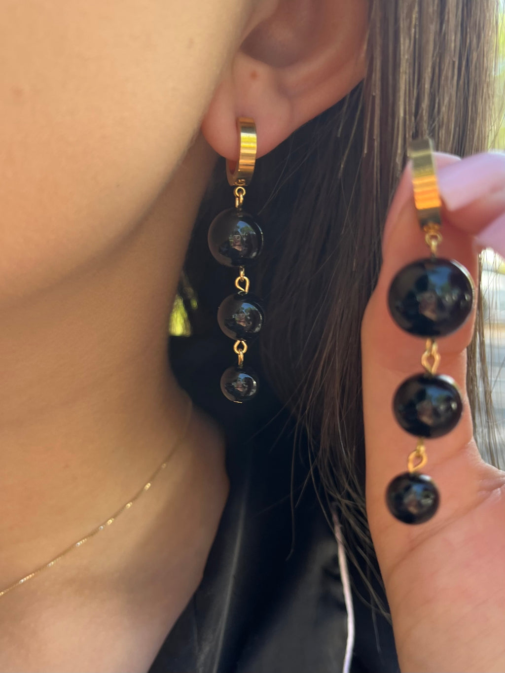 Set: Black Onyx Necklace and Earrings:18K Gold Plated