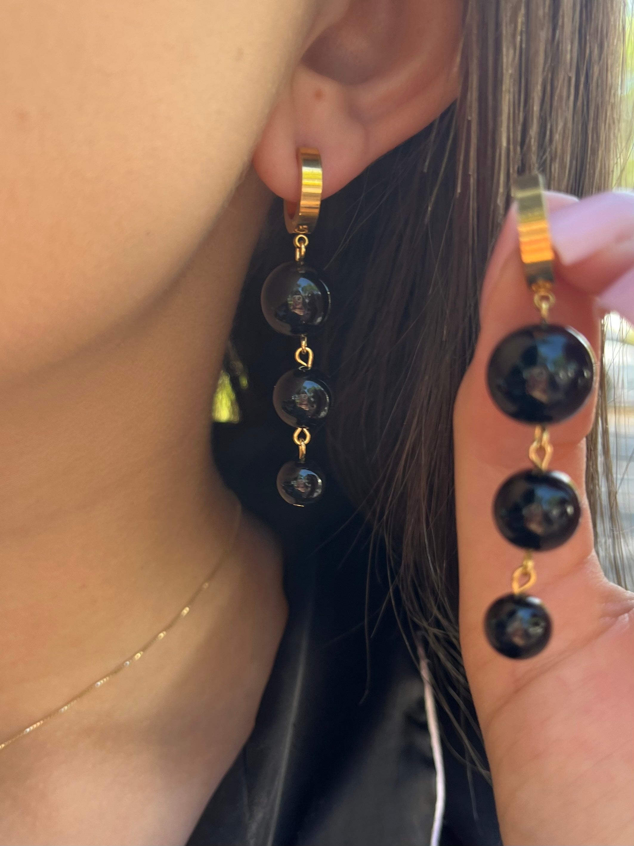 Set: Black Onyx Necklace and Earrings:18K Gold Plated