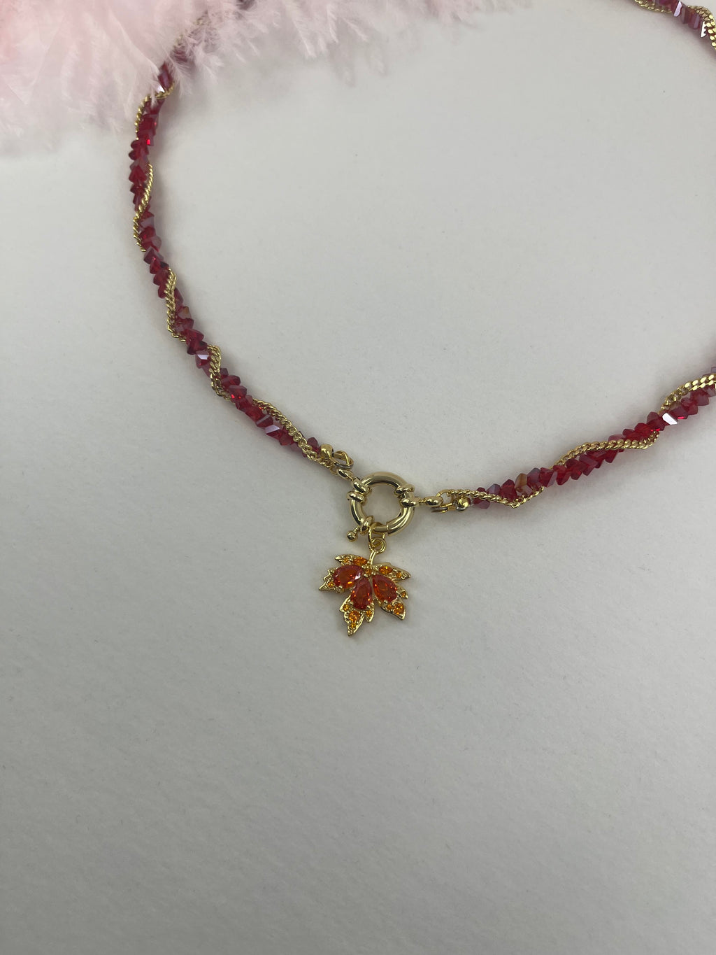 Crystal Red Necklace: 18K Gold Pendant Maple Leaf