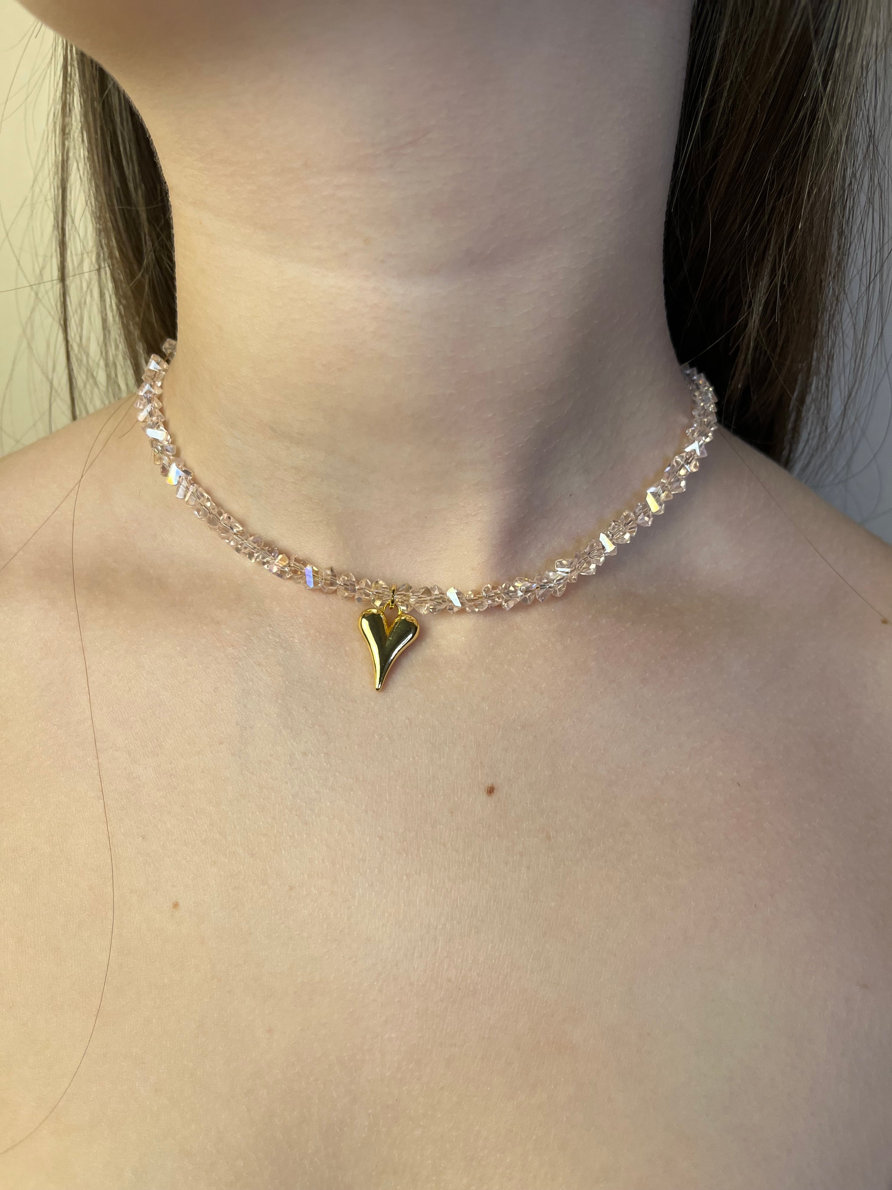Crystal Glass Bead Choker: 18K Gold Heart Pendant