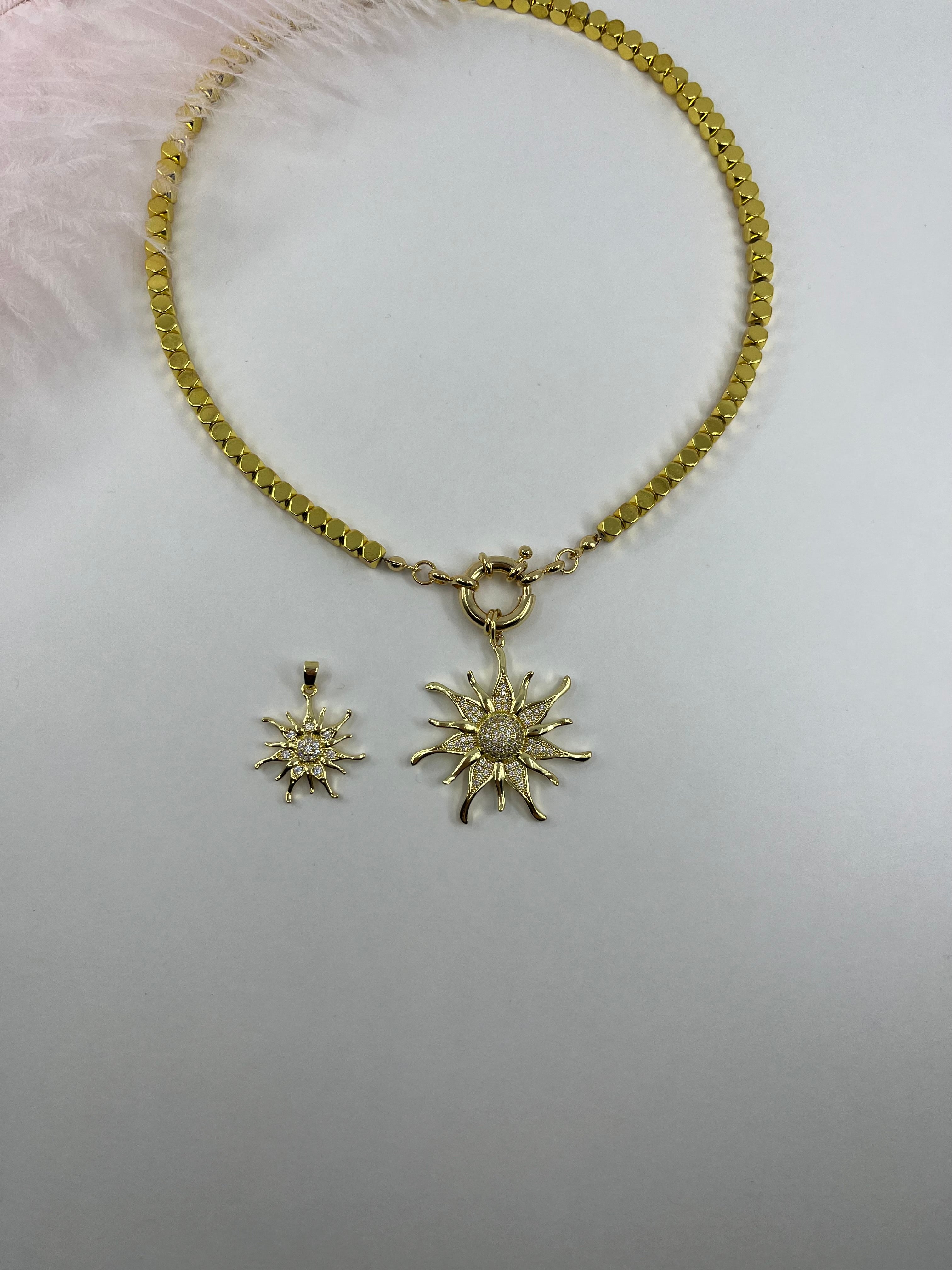 Gold Hematite Sun Necklace, 18K Gold Plated pendant