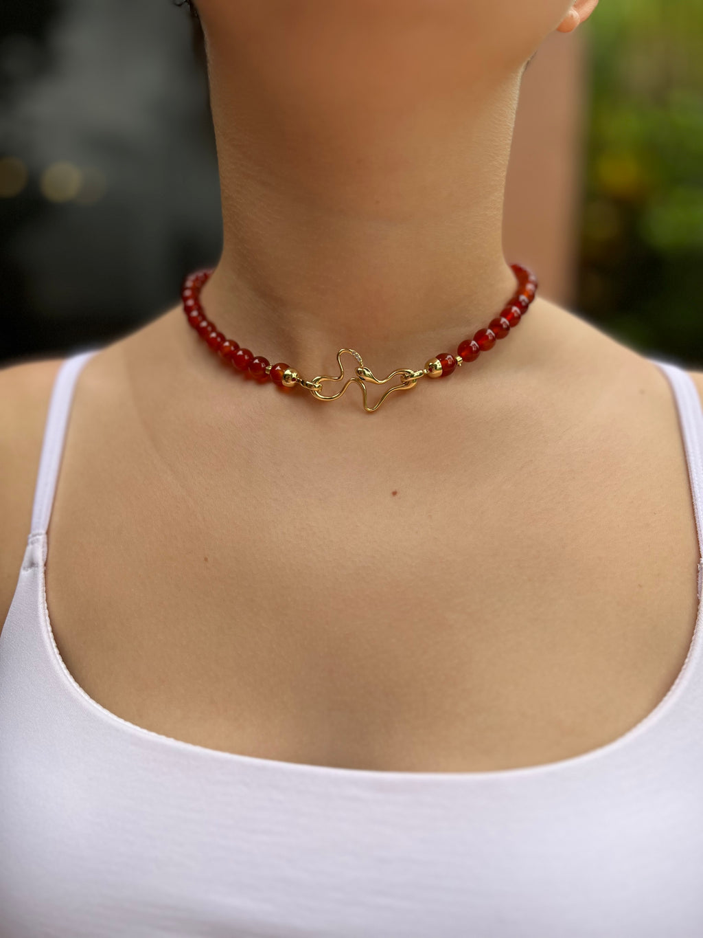 Natural Carnelian Necklace with 18K Gold Snake Clasp
