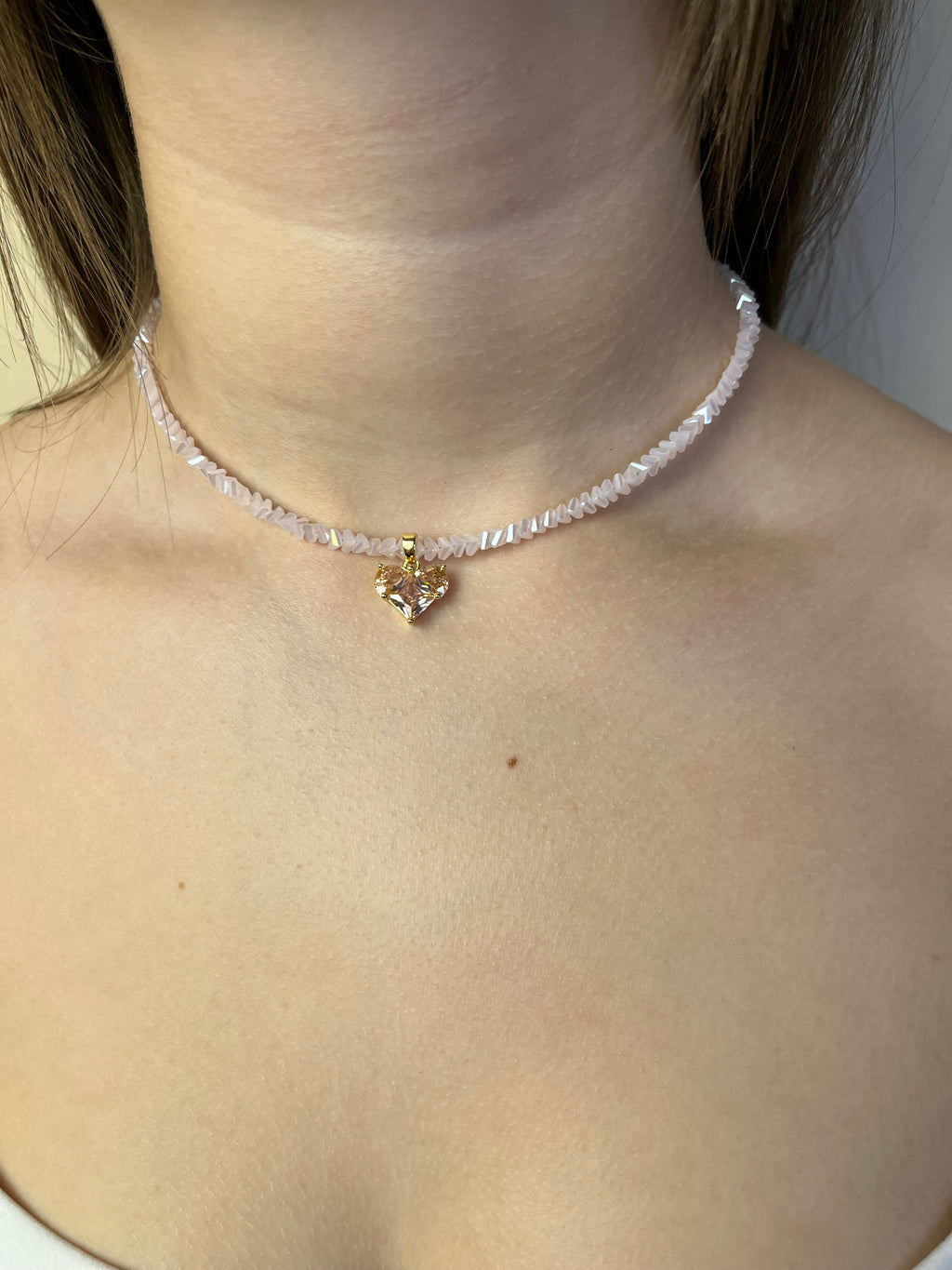Crystal Pink Glass Bead Choker: 18K Gold Heart Pendant