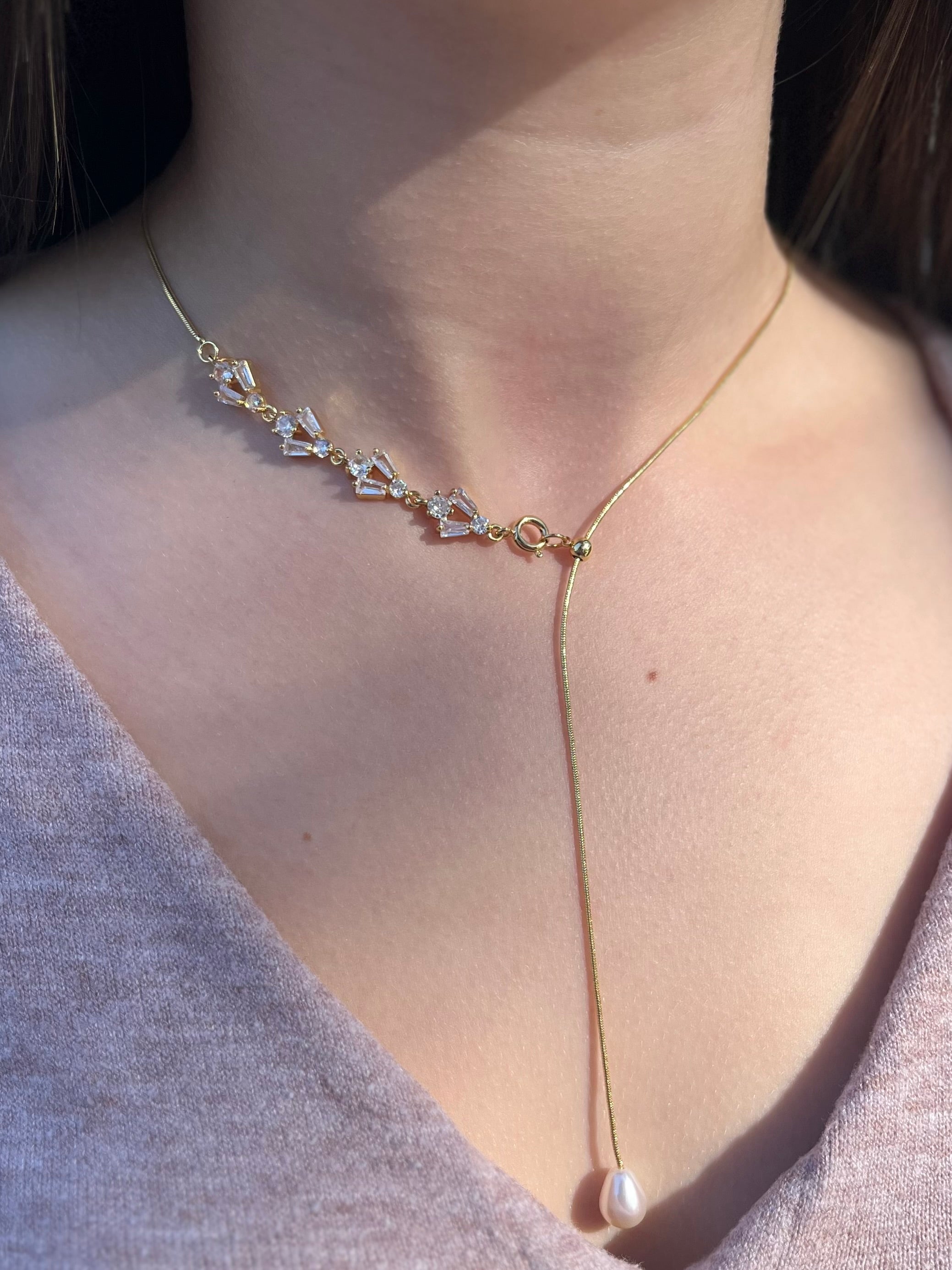 Baroque Pearl and zirconia Y-Necklace, 18k gold plated