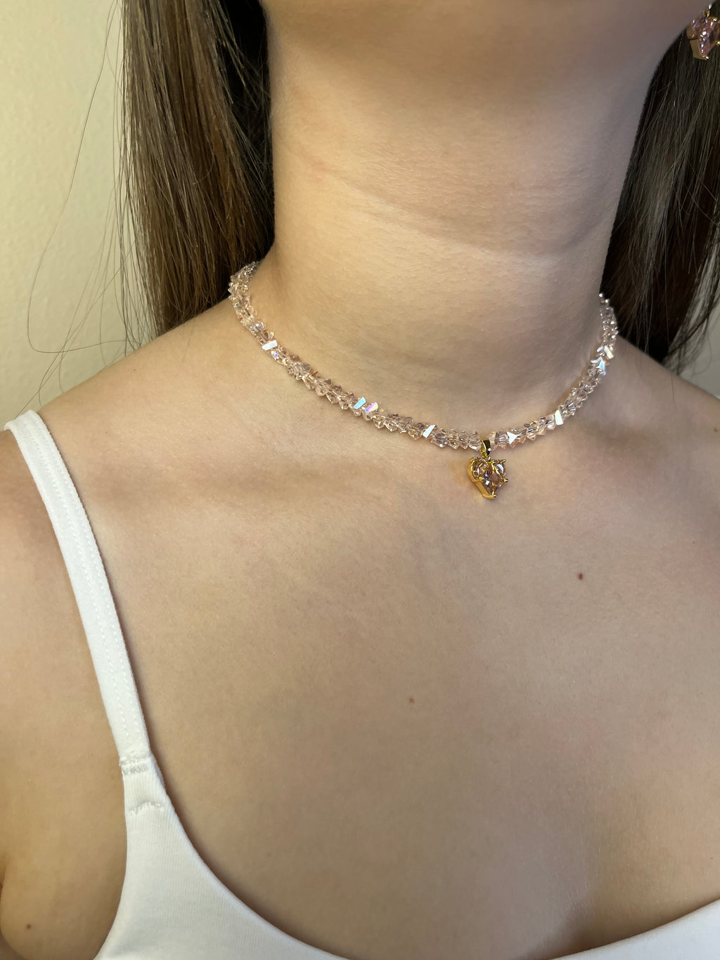 Set: Heart Pink Crystal Choker Necklace and Earrings – 18K Gold Plated, Cubic Zirconia, Nickel Free