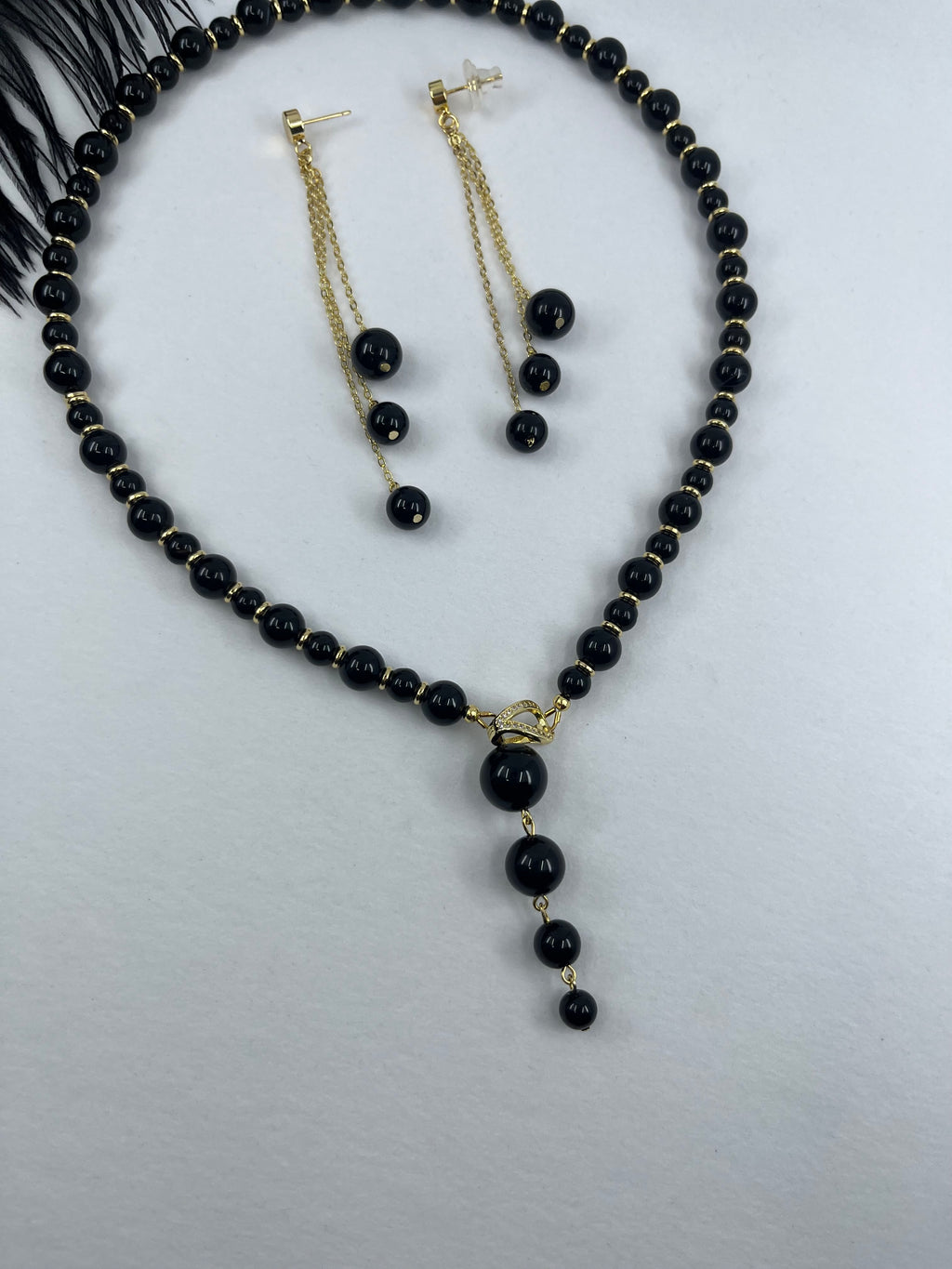 Set: Black Onyx Necklace and Earrings:18K Gold Plated