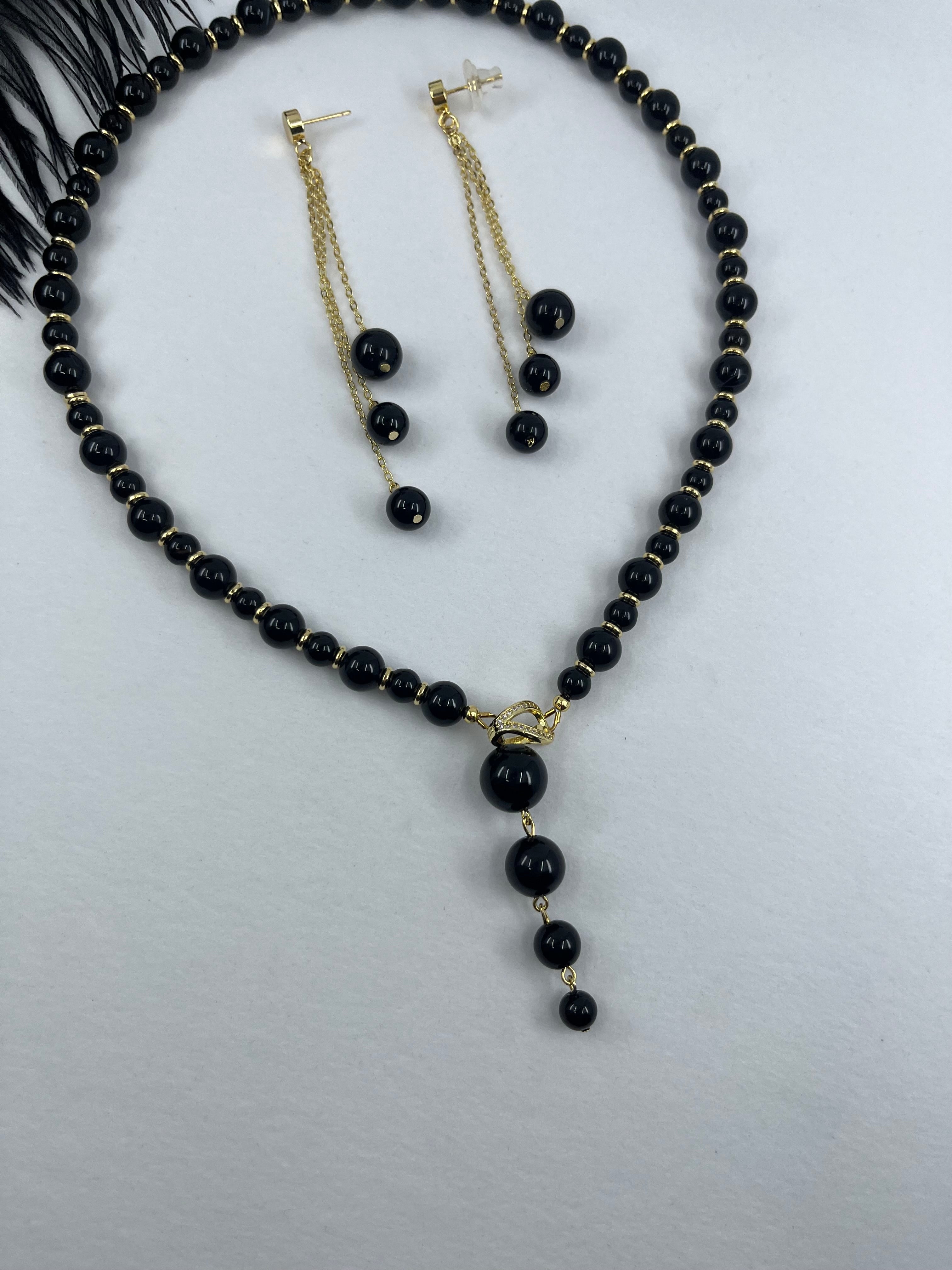 Set: Black Onyx Necklace and Earrings:18K Gold Plated