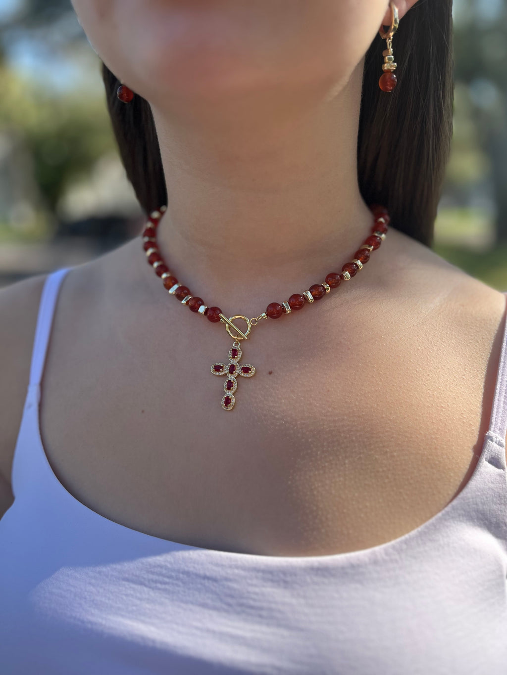 Set: Natural Carnelian Necklace with 18K Gold Cross and earrings