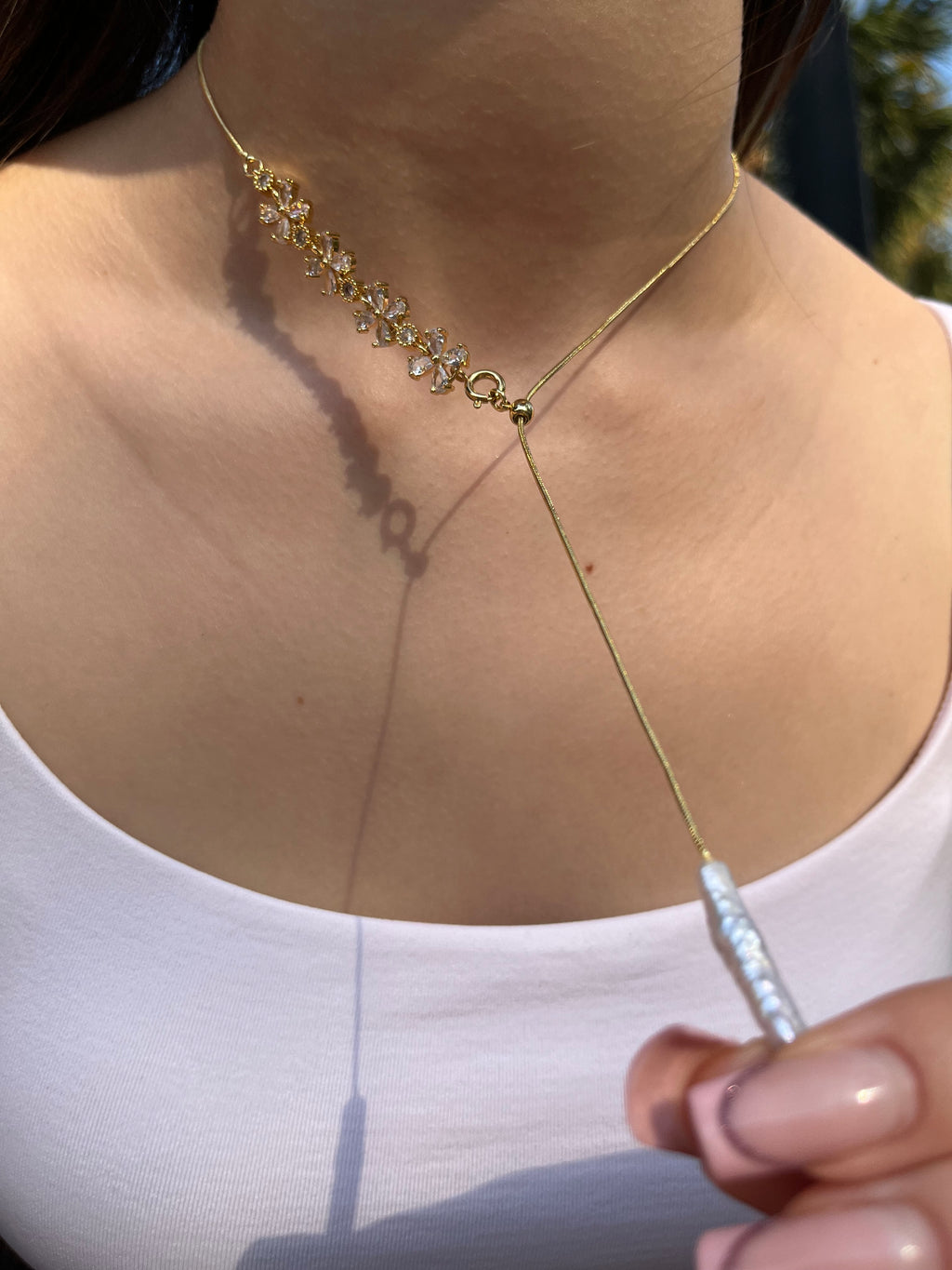 Baroque Pearl and zirconia Y-Necklace, 18k gold plated