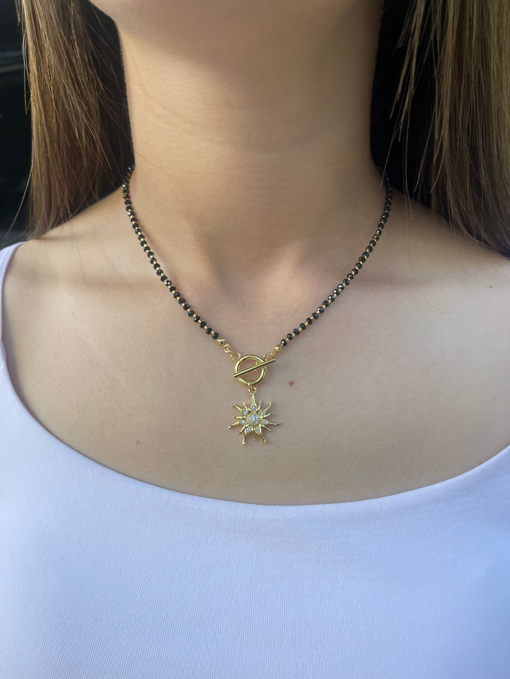 Spinel necklace with sun pendant, zirconia 18K Gold Plated