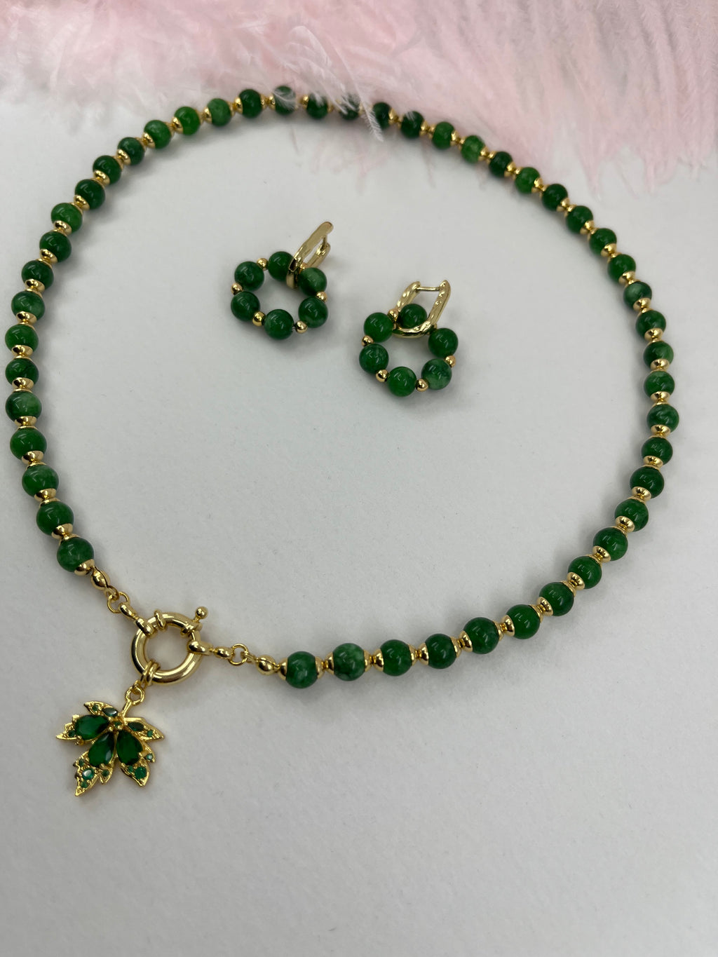 Natural Malaysia Jade Necklace with 18K Gold maple leaf pendant